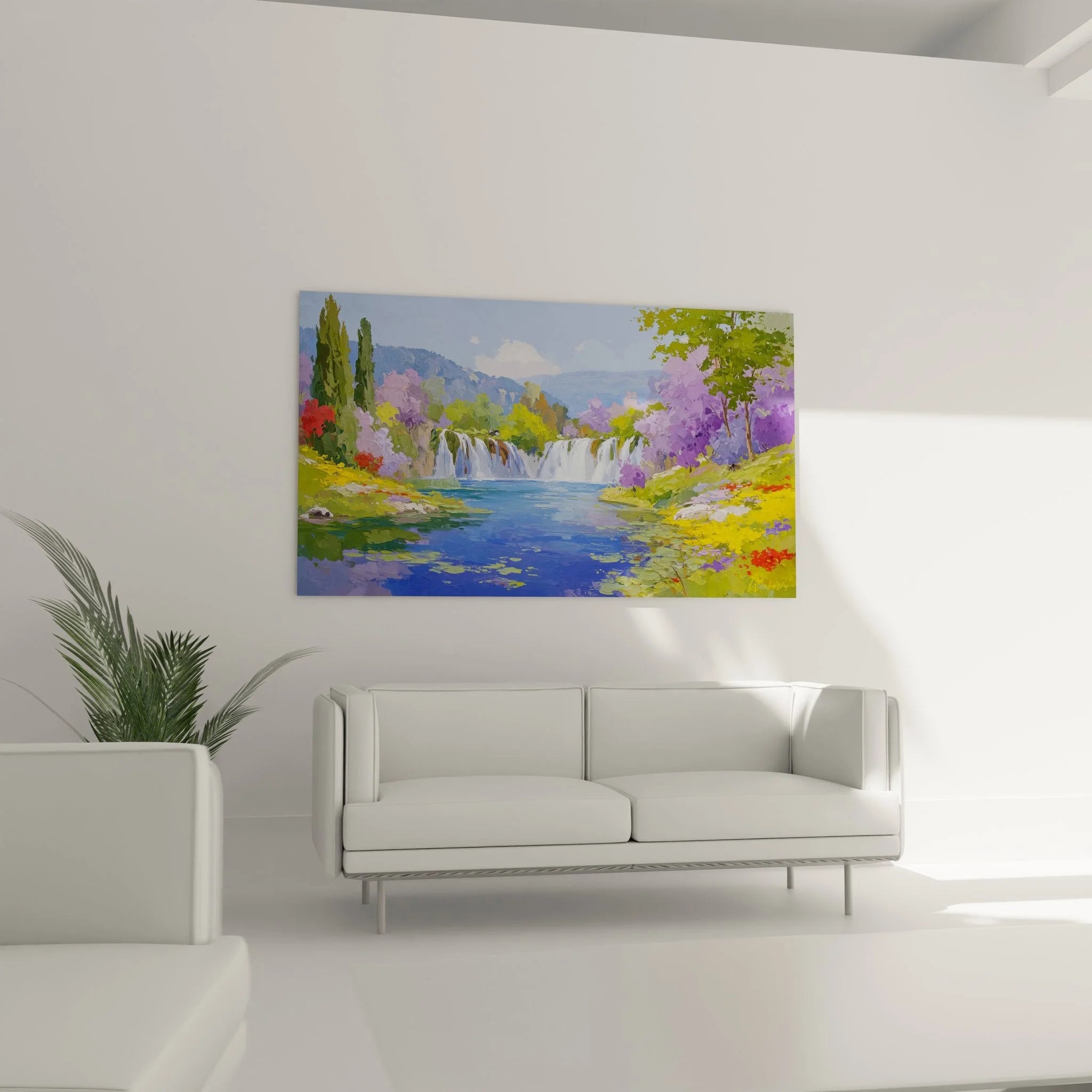 Detailansicht Wandbild Wasserfall mit leuchtenden Farben und impressionistischer Maltechnik