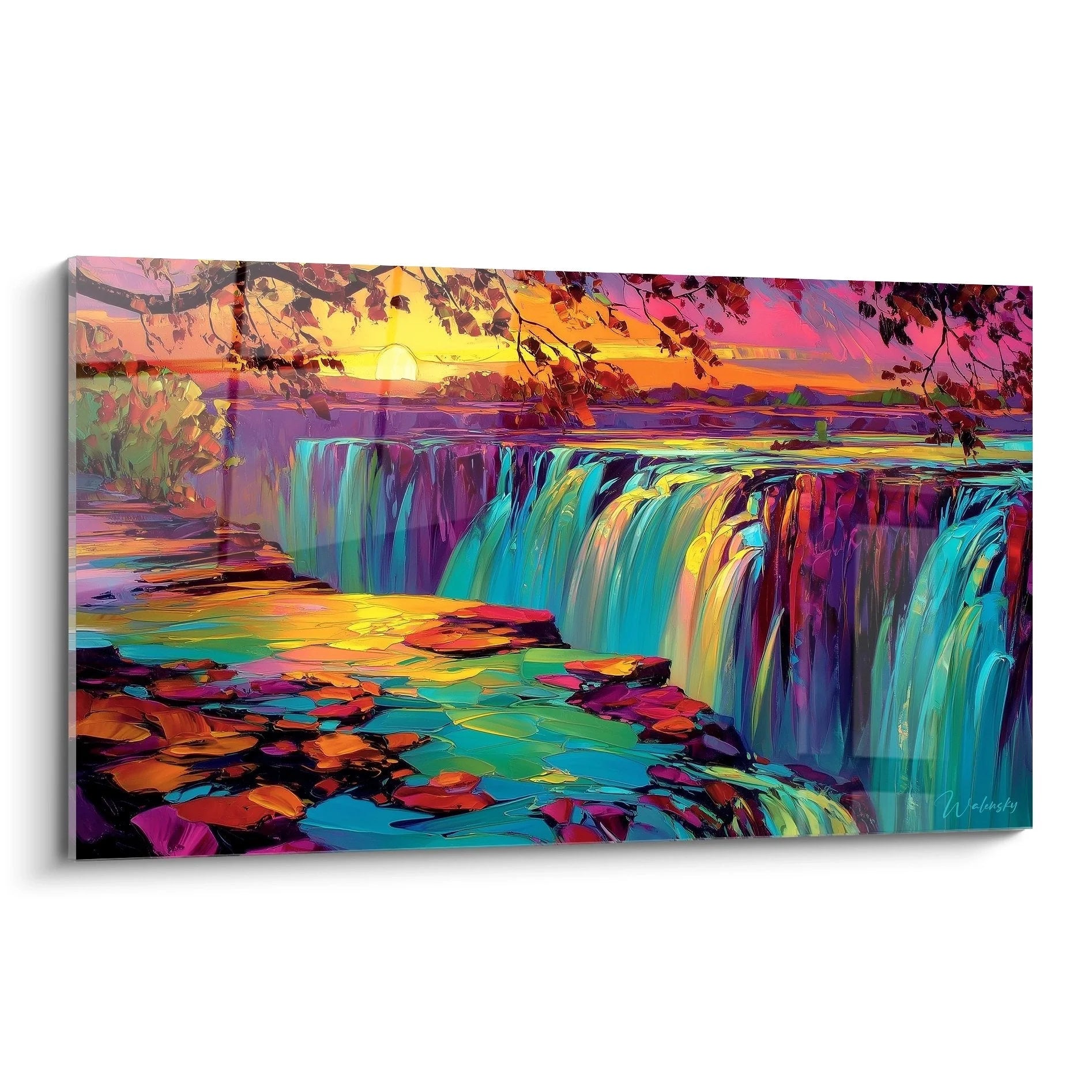 Wandbild Wasserfall in leuchtenden Herbstfarben mit türkisen Wasserfällen und buntem Laubwerk