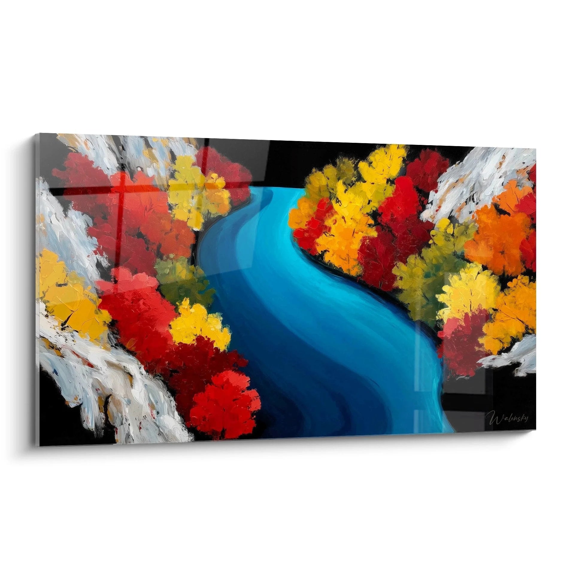 Wandbild Wasserfall im Herbstwald mit bunten Bäumen und blauem Wasser auf Leinwand