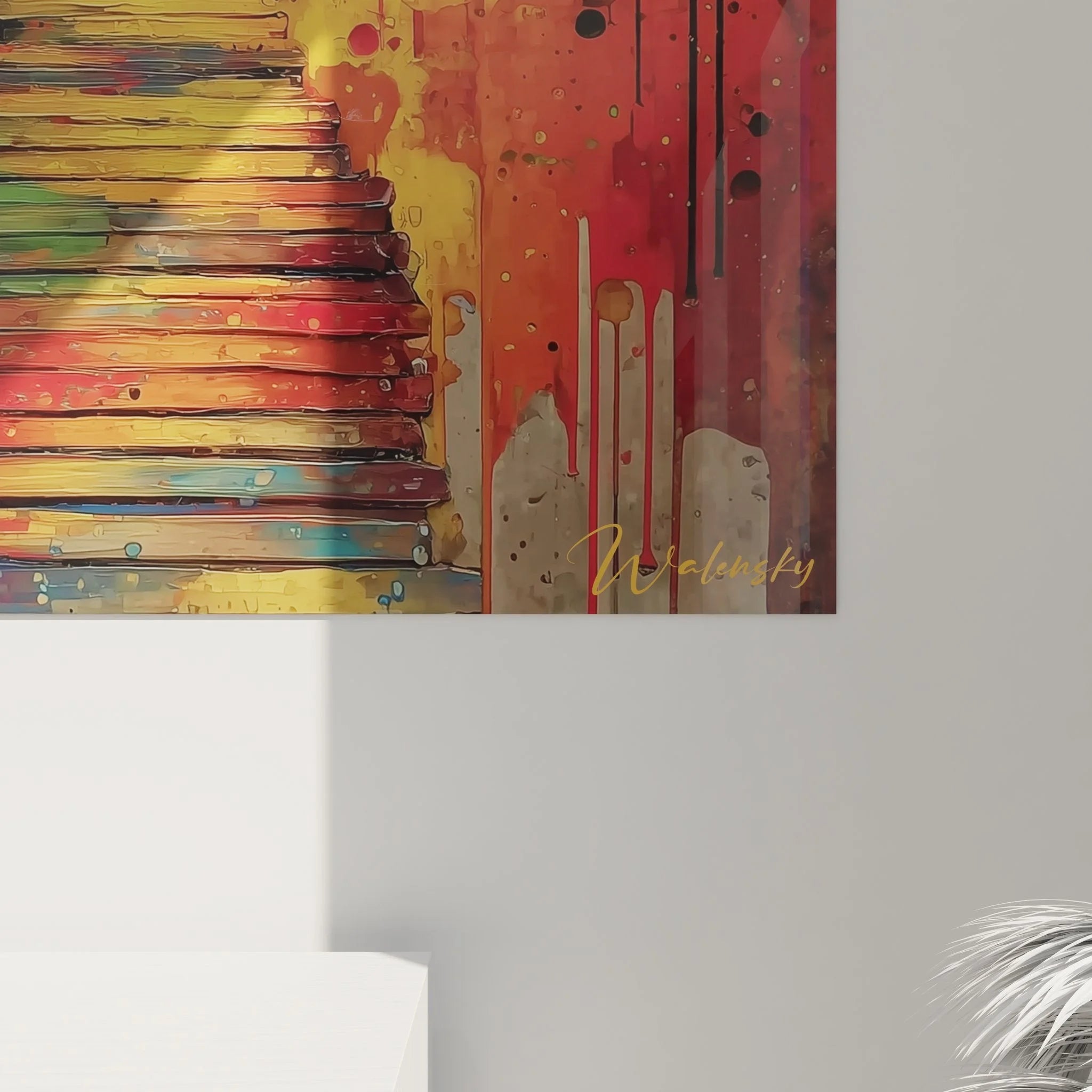 Gesamtansicht surreale Wasserfallkunst mit kosmischen Farbelementen