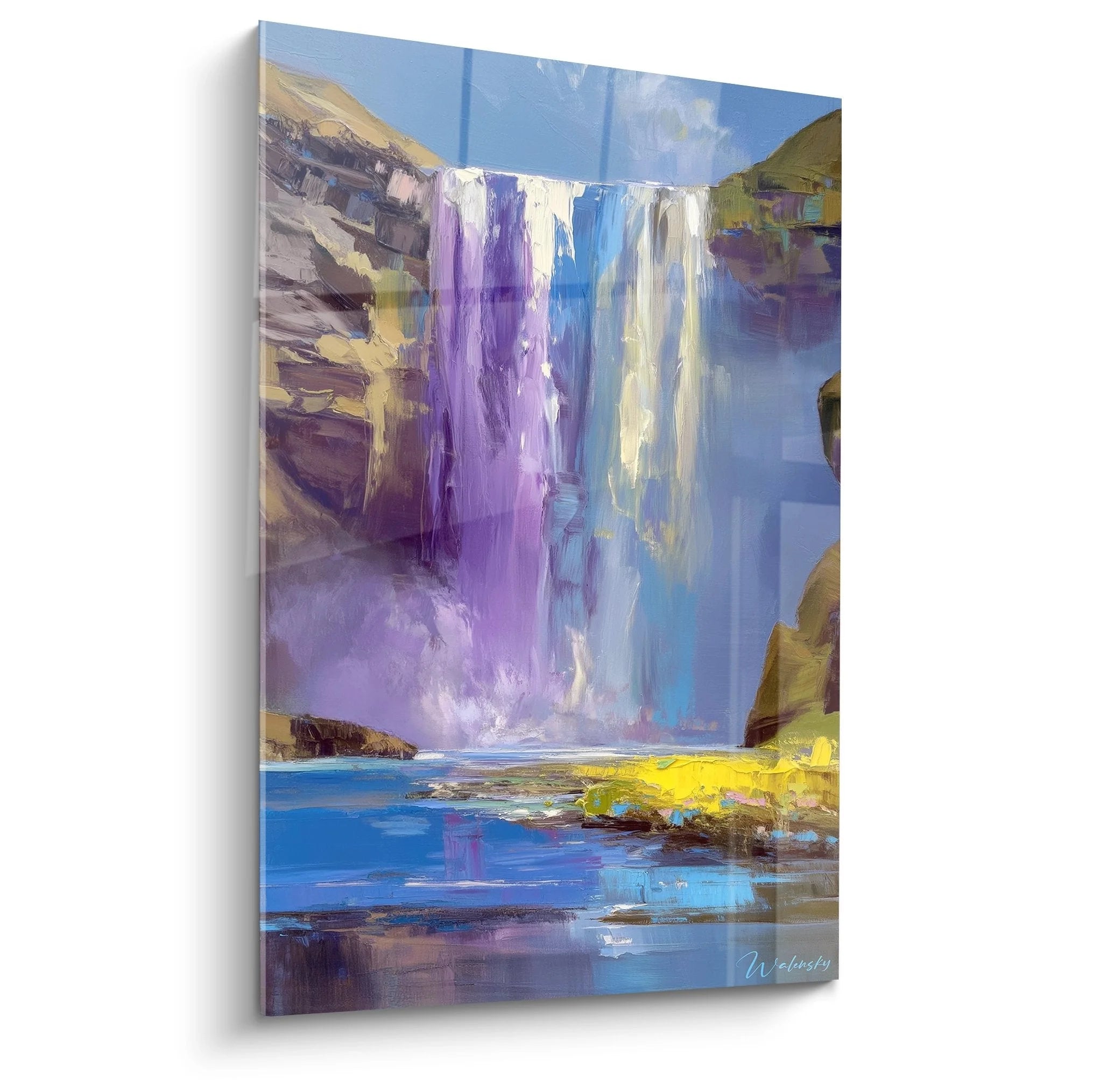 Wandbild Wasserfall mit Regenbogeneffekt in Violett und Blau auf Leinwand