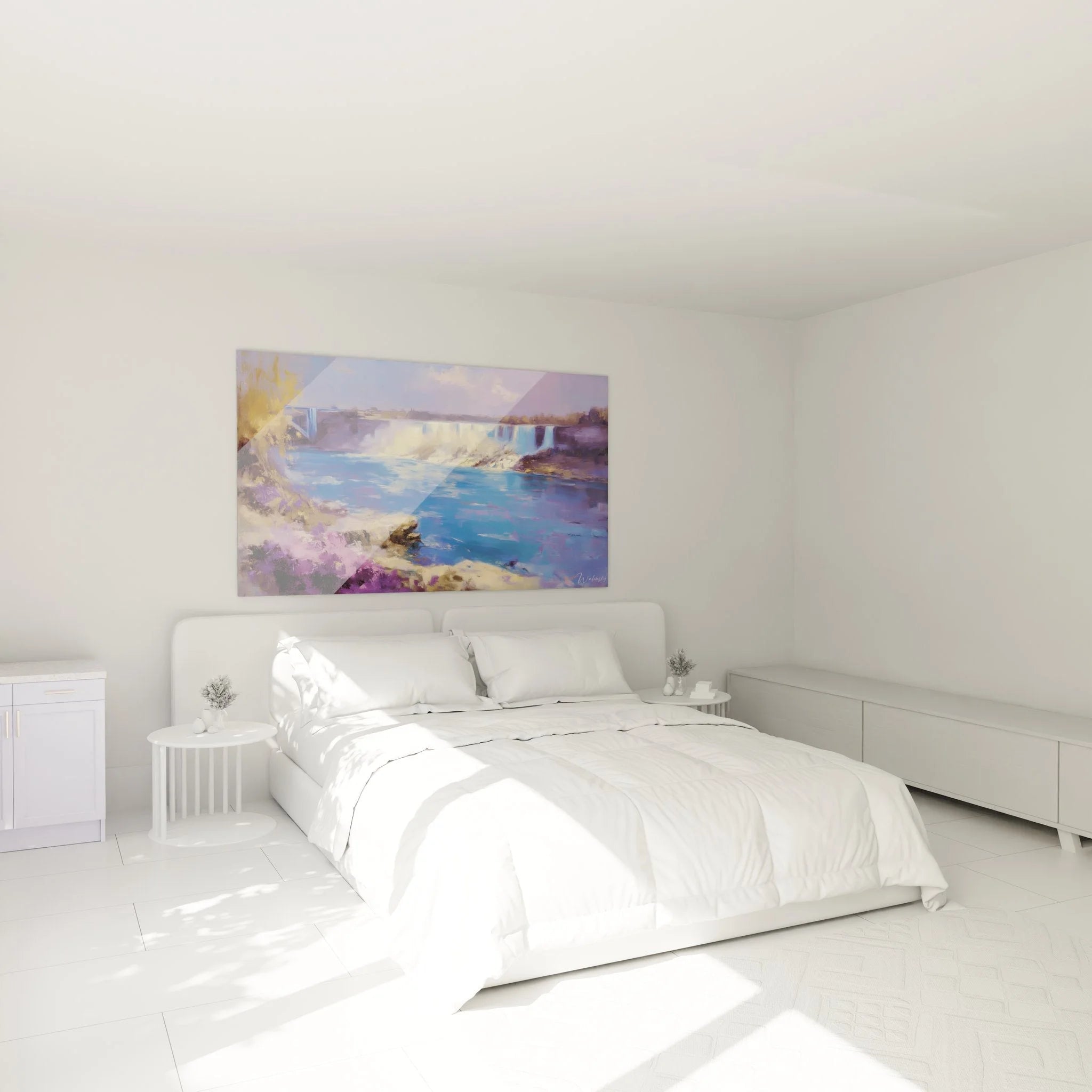 Violettes Wasserfall Wandbild im Schlafzimmer, beruhigende Wanddeko XXL für entspannende Raumatmosphäre