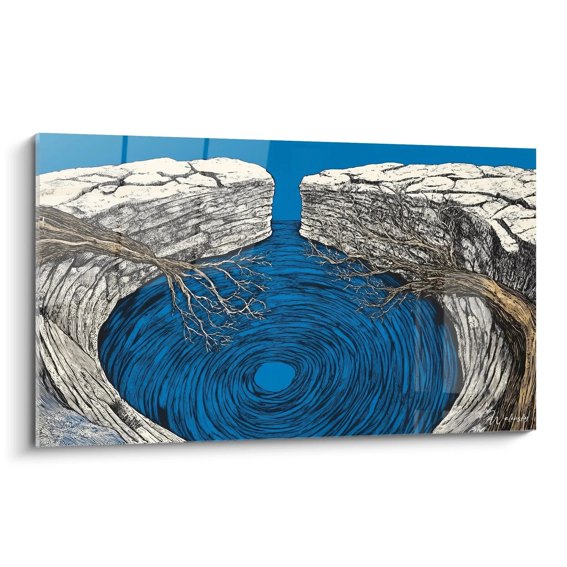 Wandbild Wasserstrudel mit blauer Spirale zwischen Felsen - abstrakte Naturkunst
