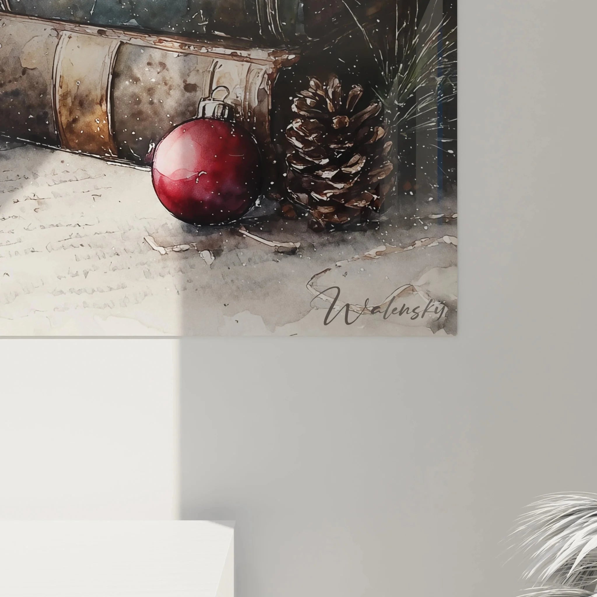 Gesamtansicht Wandbild Weihnachten Bücher - festliches Stilleben mit winterlicher Dekoration