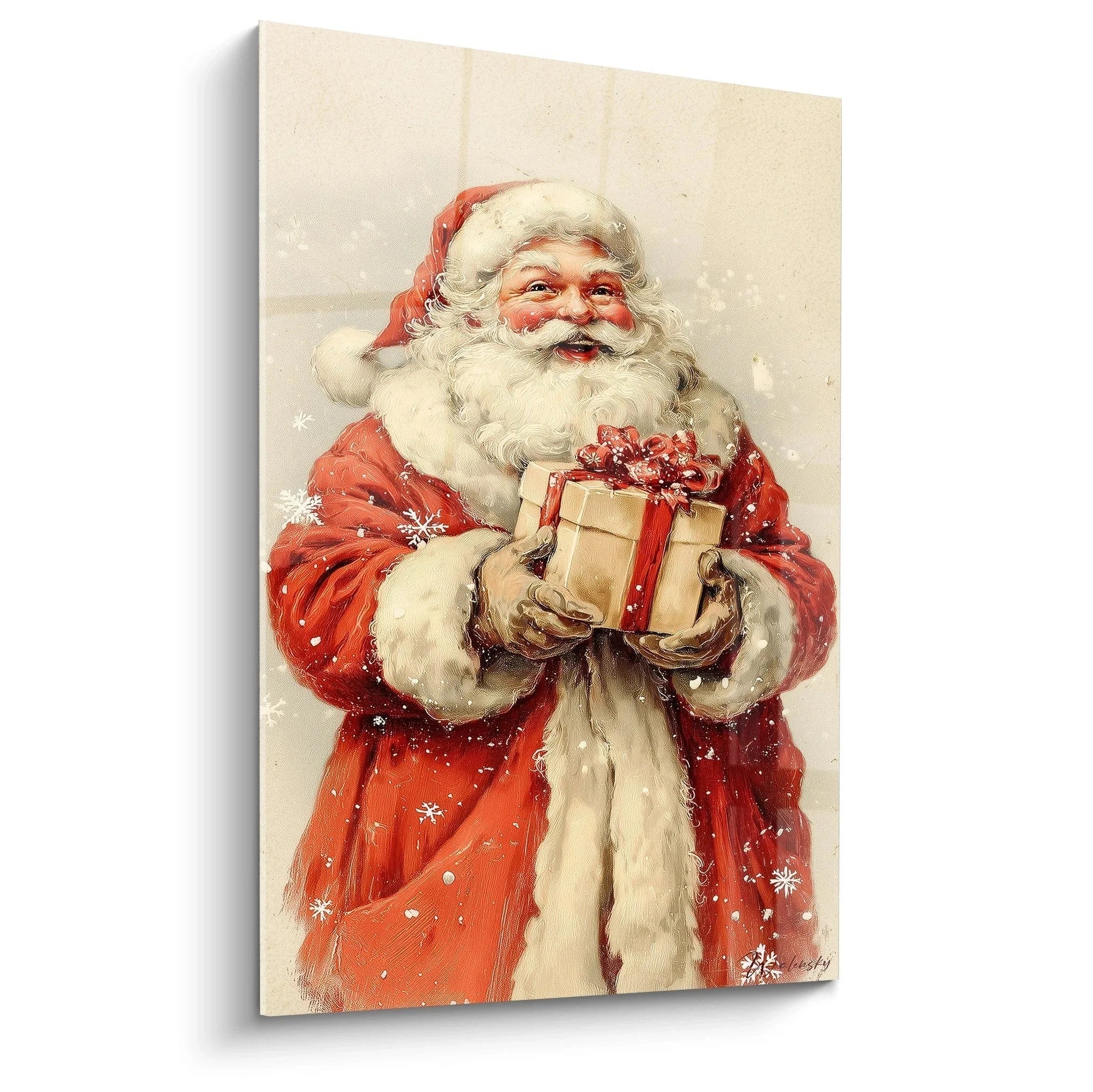 Wandbild Weihnachtsmann mit Geschenk nostalgisch rot weiß Weihnachtsdekoration vintage Stil Kunstdruck