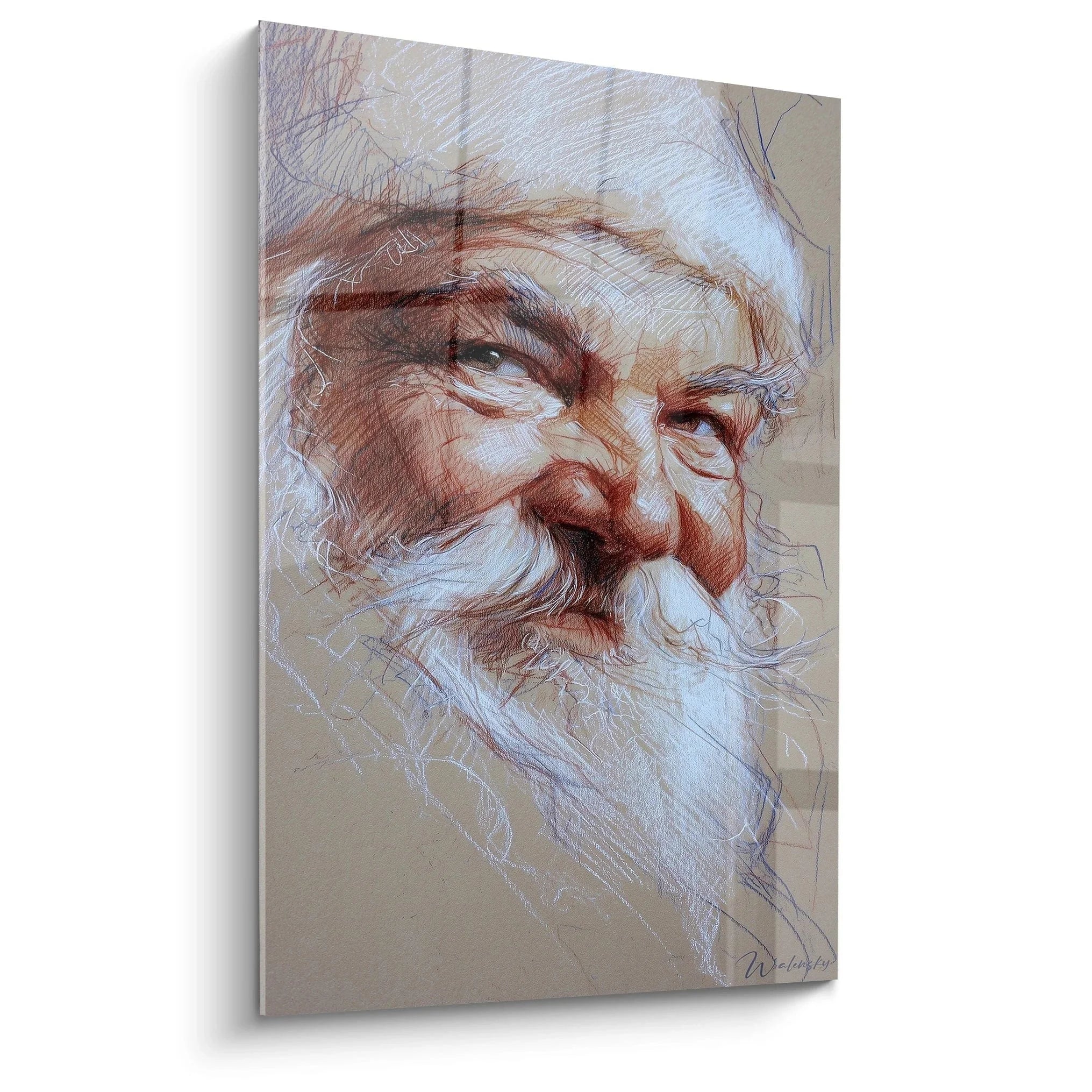 Wandbild Weihnachtsmann Porträt gezeichnet in warmen Brauntönen mit weißem Bart festliche Wanddeko