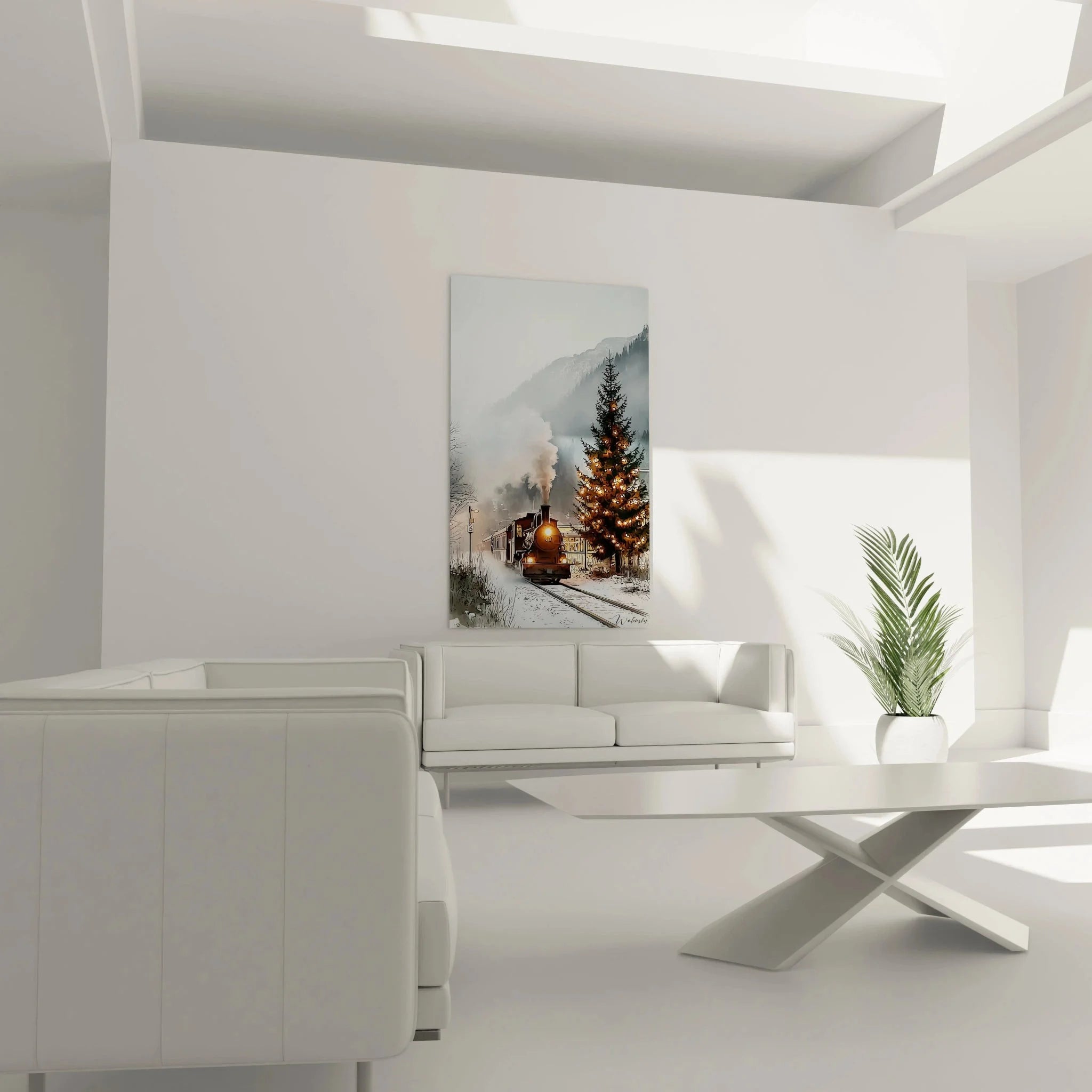 Detailansicht Wandbild Weihnachtszug zeigt Dampflok und beleuchteten Weihnachtsbaum in Winterlandschaft