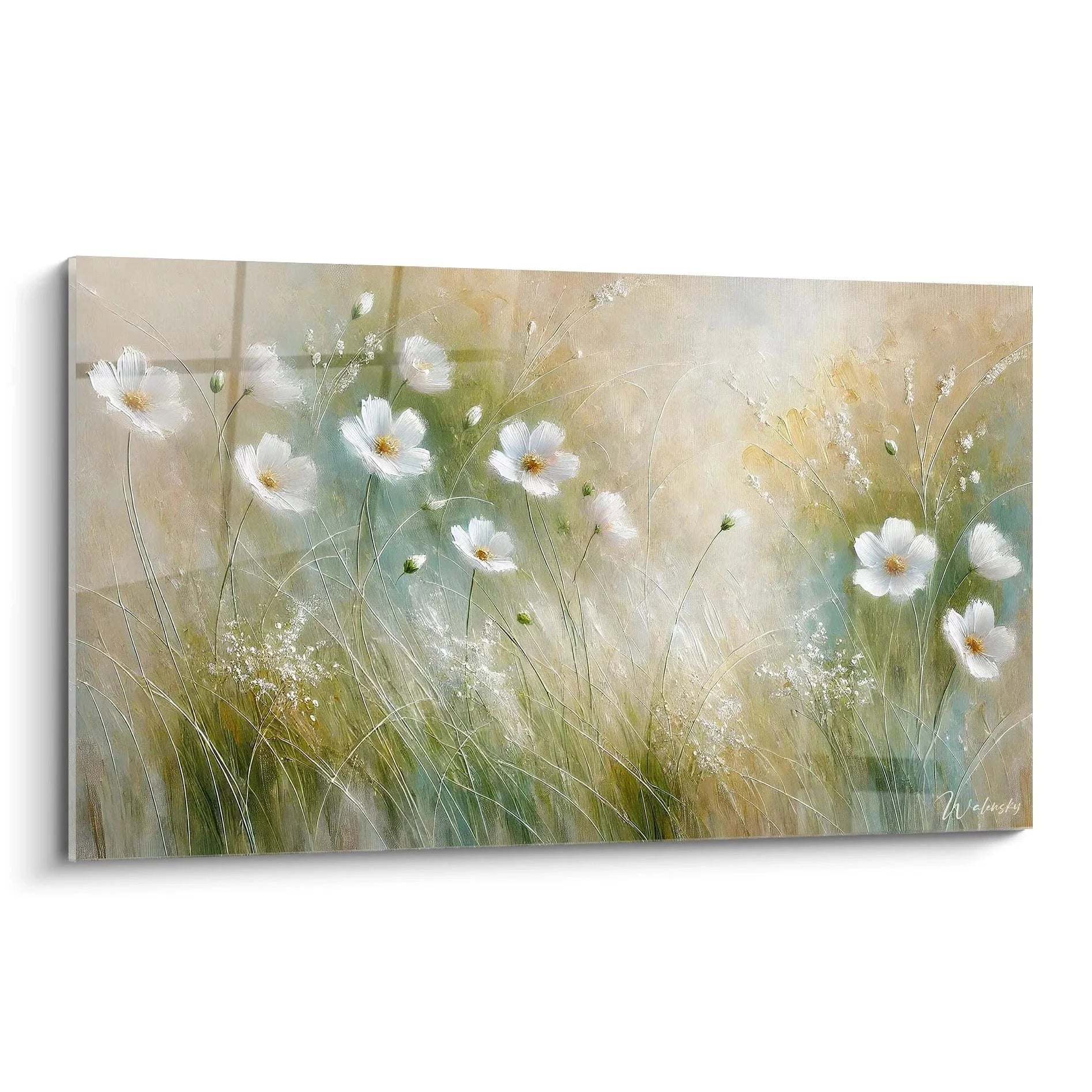 Wandbild weiße Blumen mit zarten Frühlingsblüten auf beiger Wiese, romantische Blumenkunst