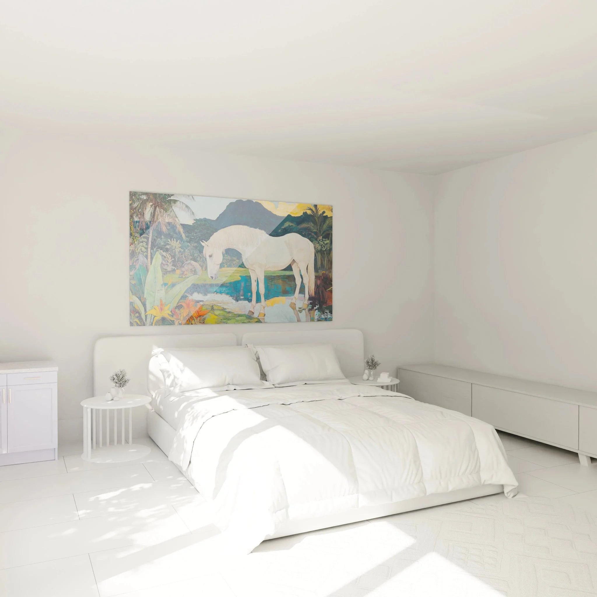 Wandbild weißes Pferd tropisch im Schlafzimmer Gauguin Stil Wanddekoration