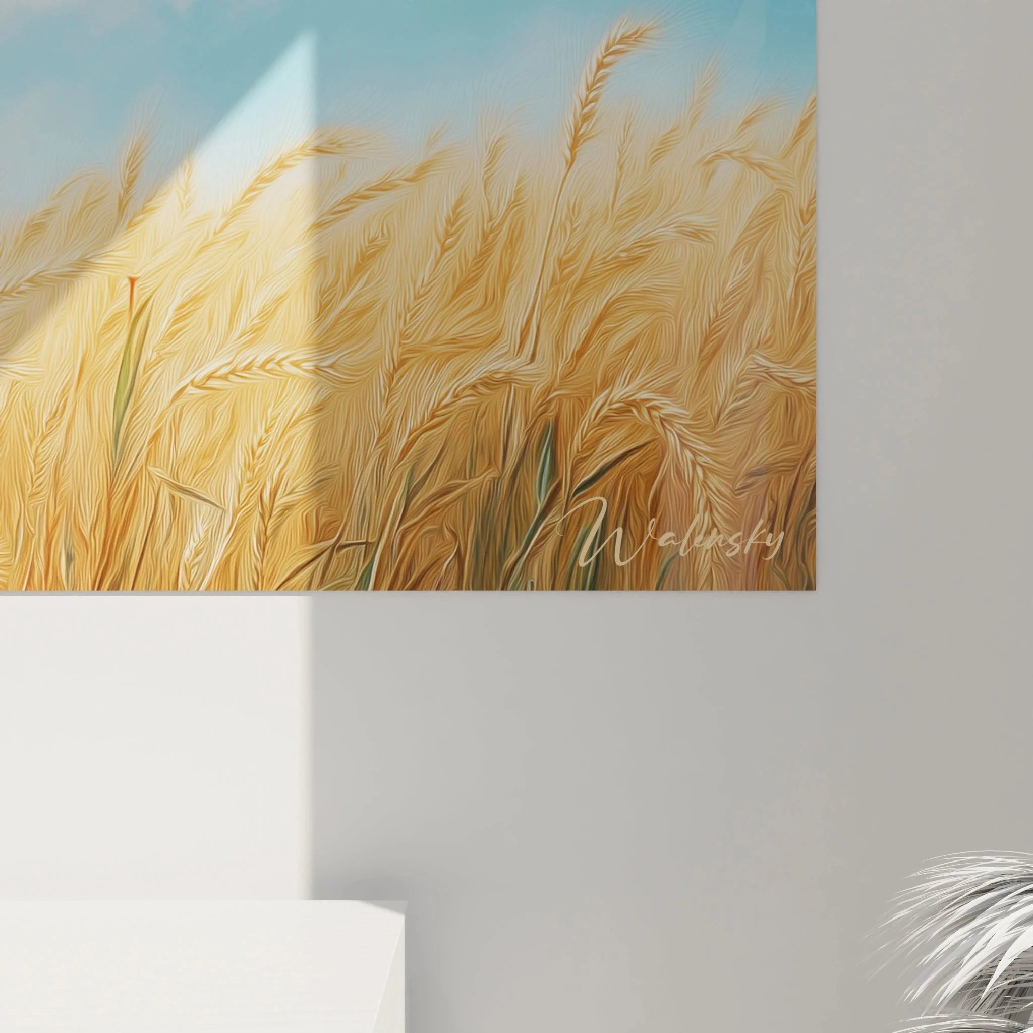 Gesamtansicht Wandbild Weizenfeld Landschaft, goldenes Getreidefeld unter blauem Himmel als Wanddekoration