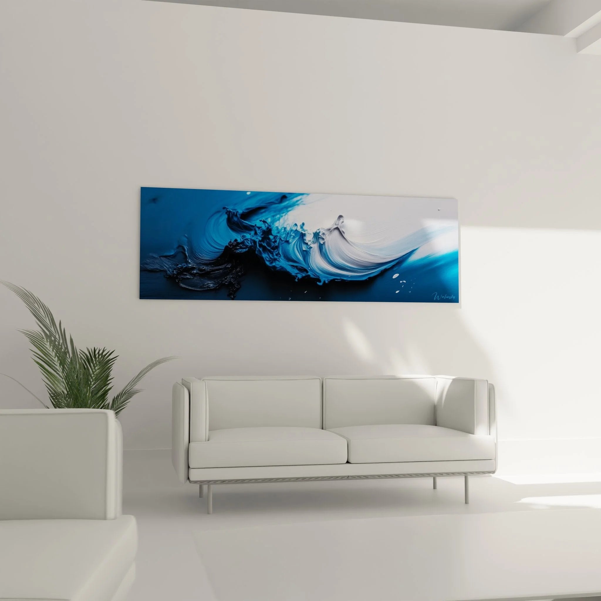 Detailansicht Wandbild Welle zeigt expressive Malerei-Optik mit dynamischen Blau-Weiß-Farbverläufen