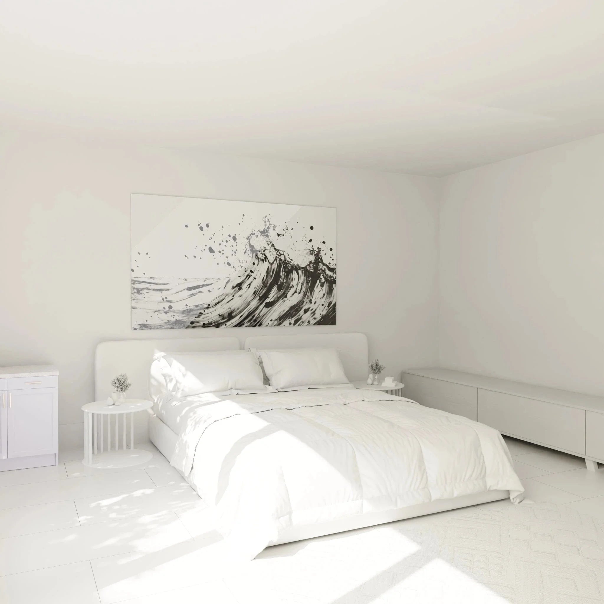 Wandbild Welle Schlafzimmer Ambiente schwarz-weiß maritime Wanddekoration über Bett