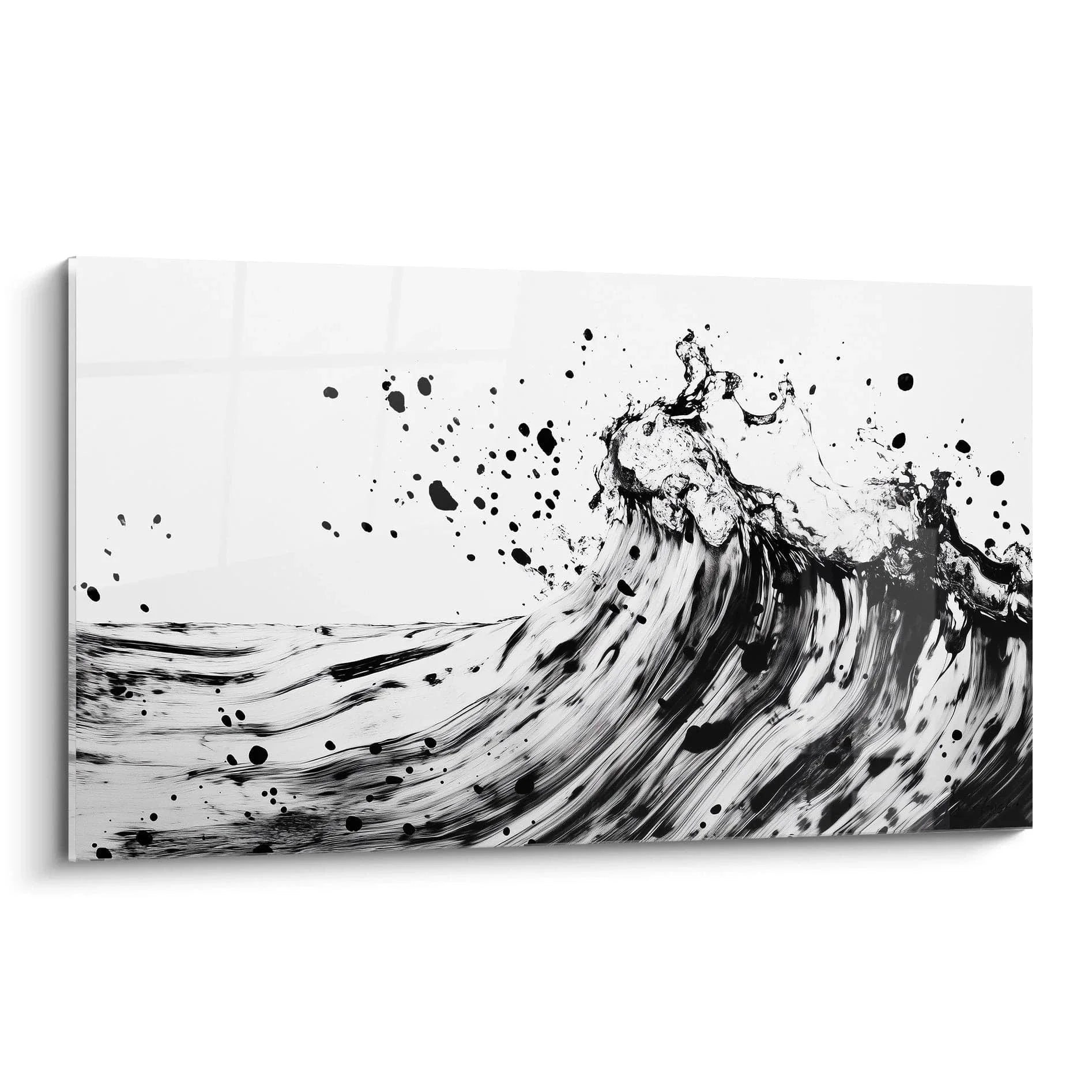 Wandbild Welle schwarz-weiß mit kraftvoller Meeresbrandung und Spritzern in Dalmatiner Optik