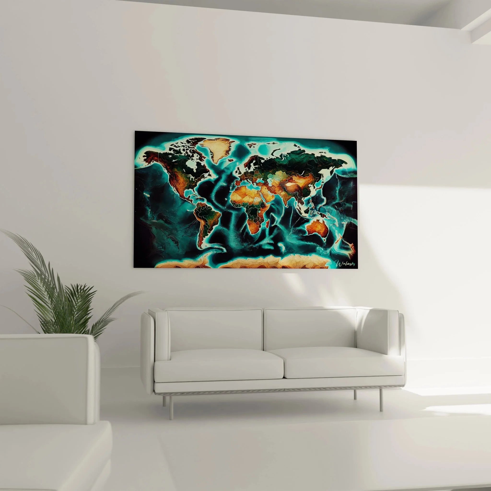 Detailaufnahme Wandbild leuchtende Weltkarte mit topographischen Strukturen der Kontinente