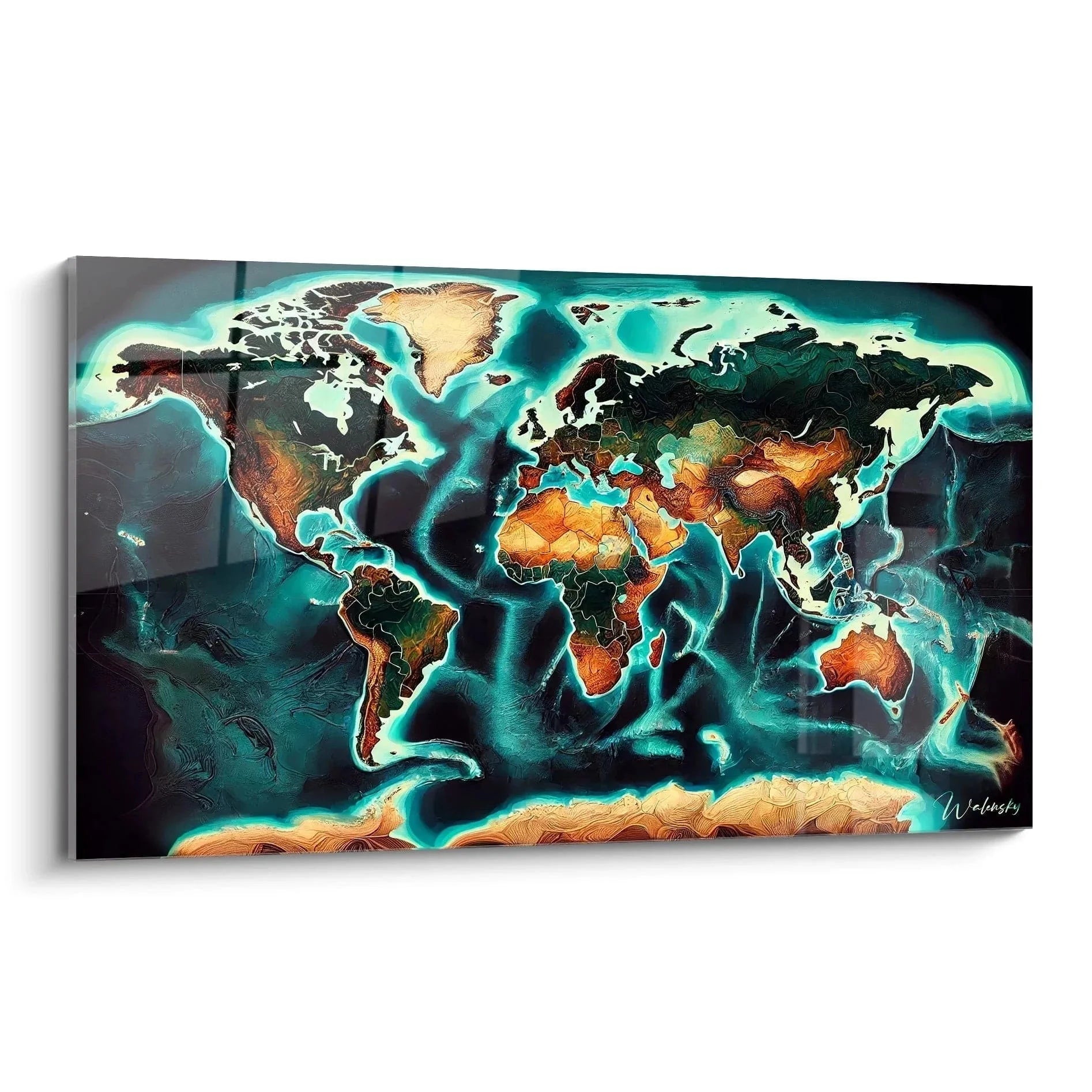 Wandbild Weltkarte mit leuchtenden Kontinenten in Orange und Gold auf türkisblauem Ozean