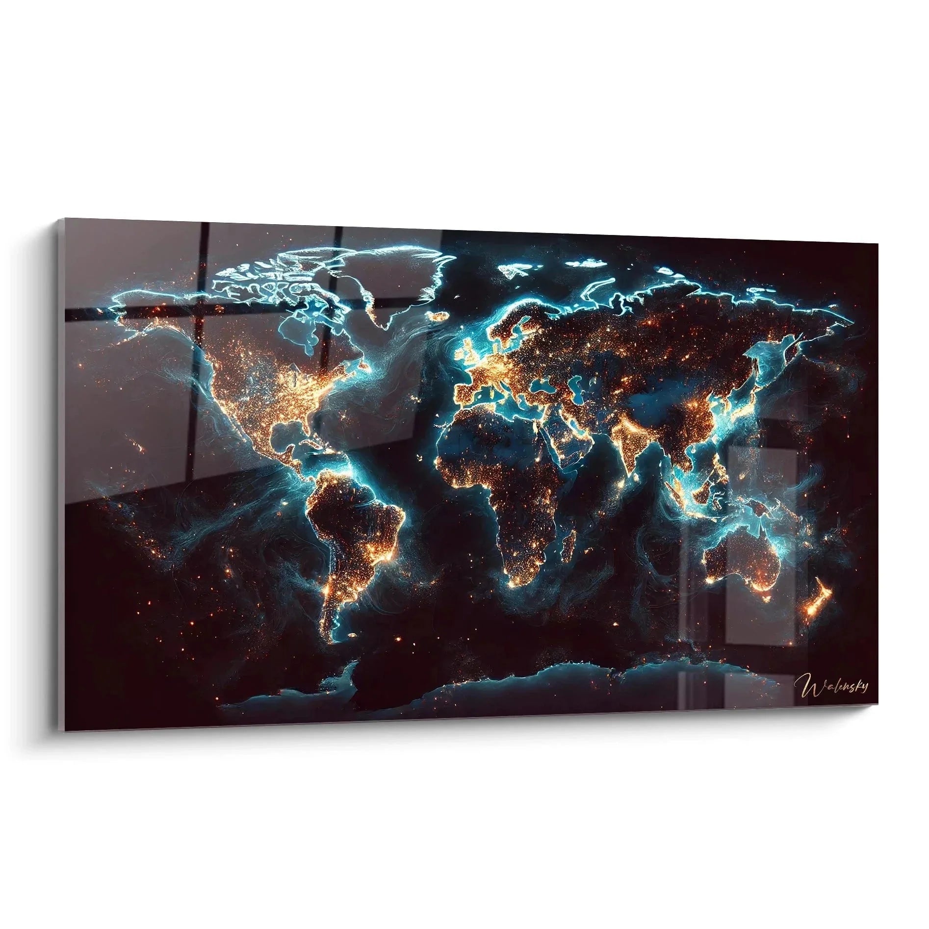 Wandbild Weltkarte bei Nacht mit leuchtenden Kontinenten in Gold und blauen Ozeanen, XXL Leinwanddruck