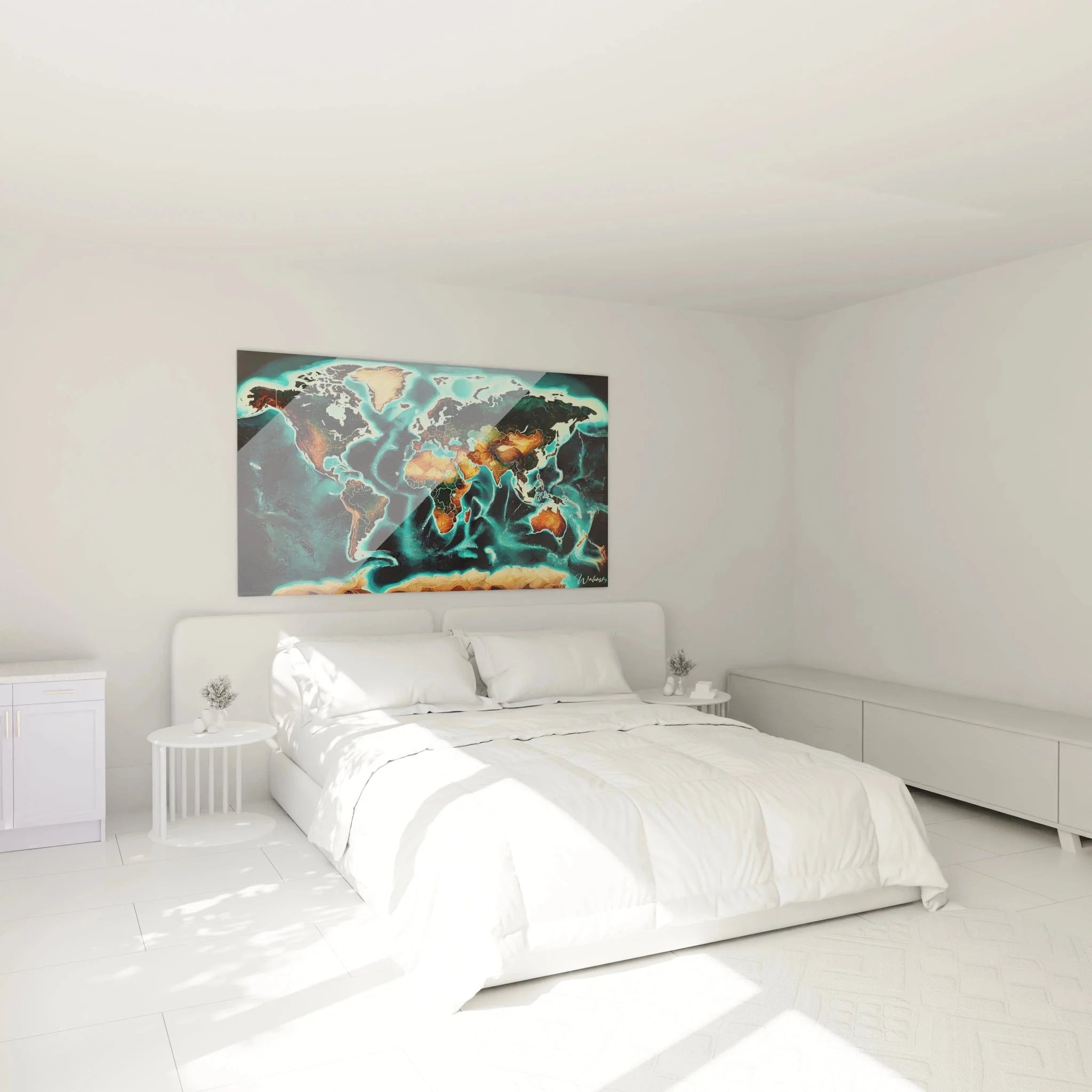 Modernes Wandbild Weltkarte mit leuchtenden Kontinenten als Schlafzimmer Wanddeko XXL
