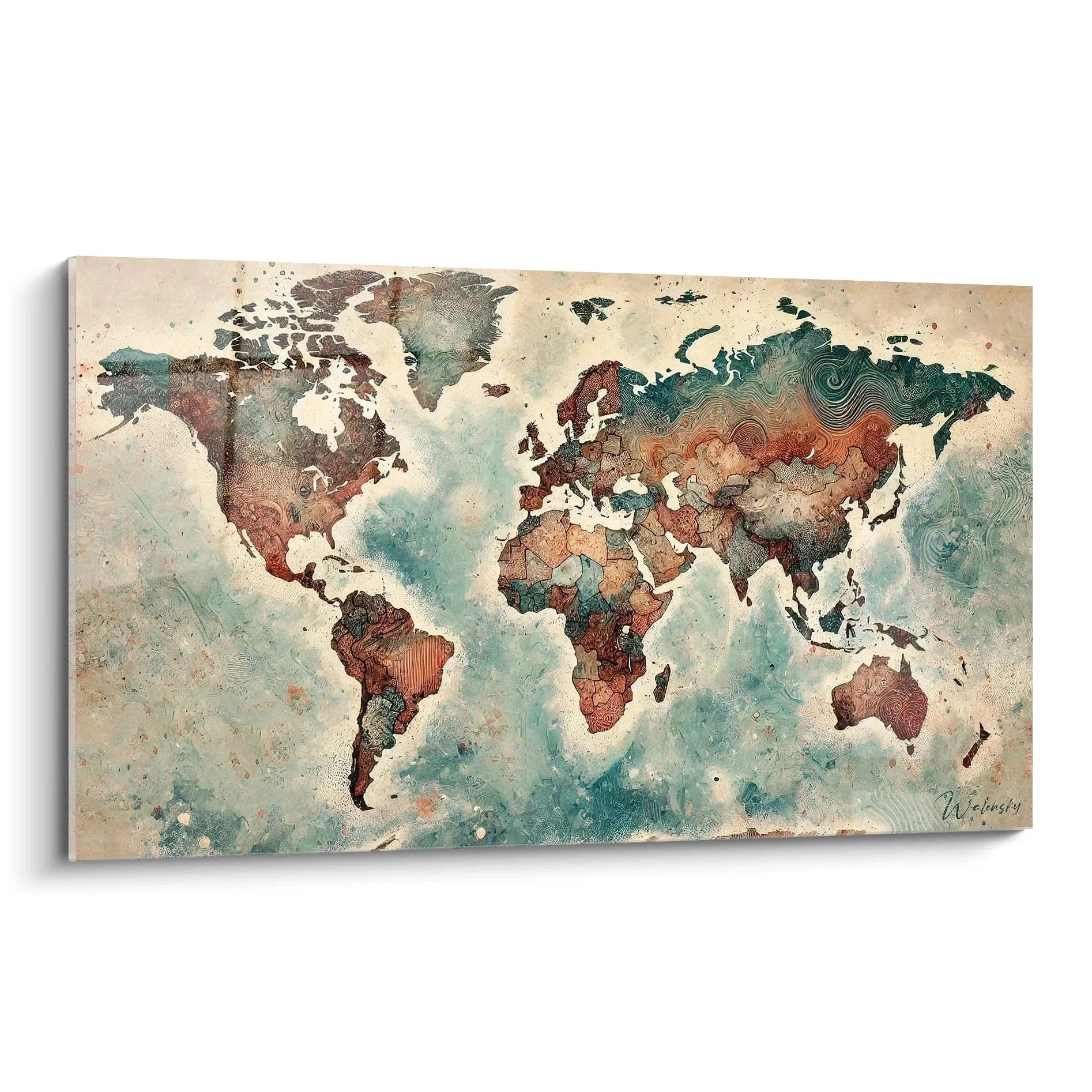 Wandbild Weltkarte Vintage Stil mit Kontinenten in warmen Erdtönen und antiker Optik für Wohnzimmer Dekoration