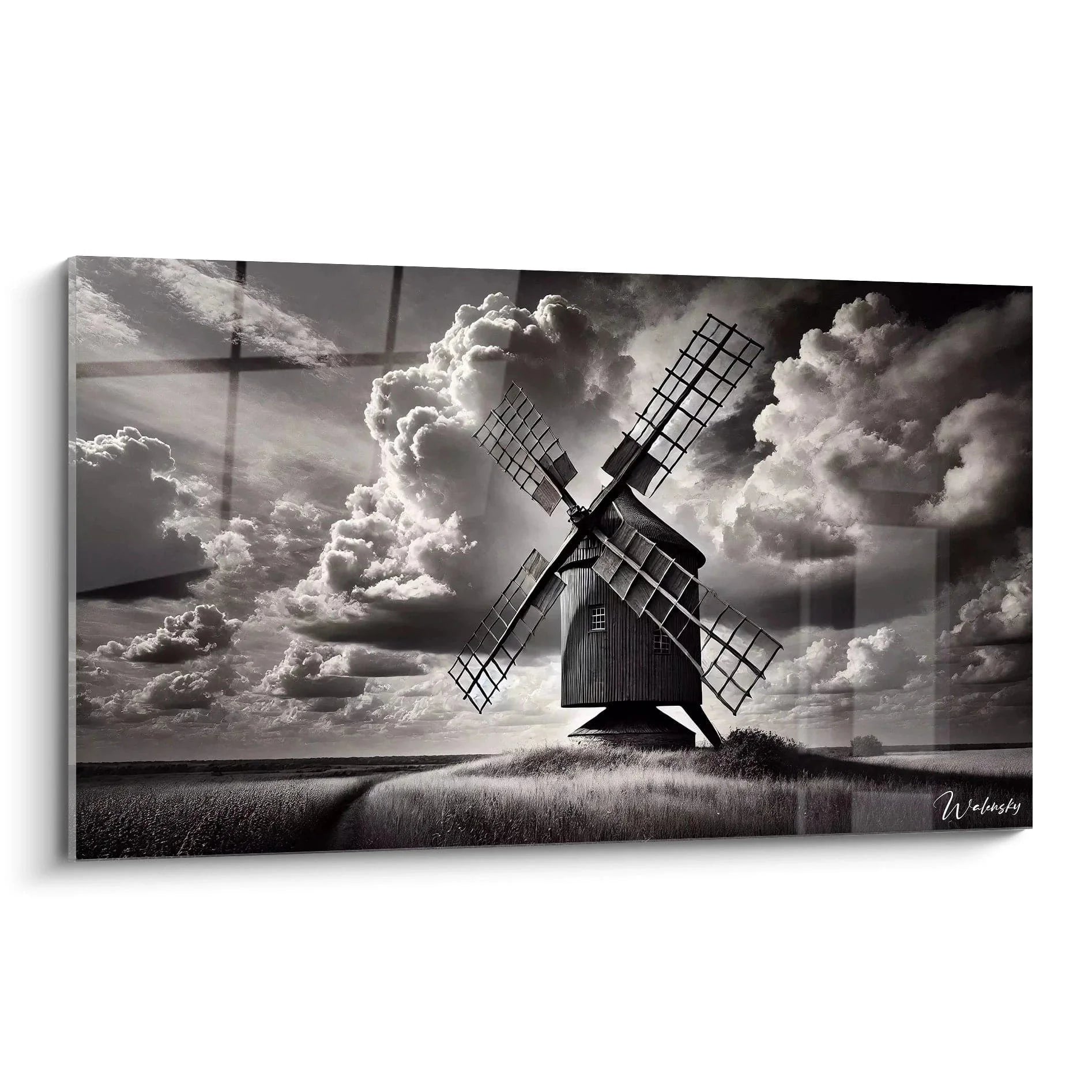 Wandbild Windmühle schwarz-weiß mit dramatischem Wolkenhimmel auf Hügel - Landschaftsfotografie