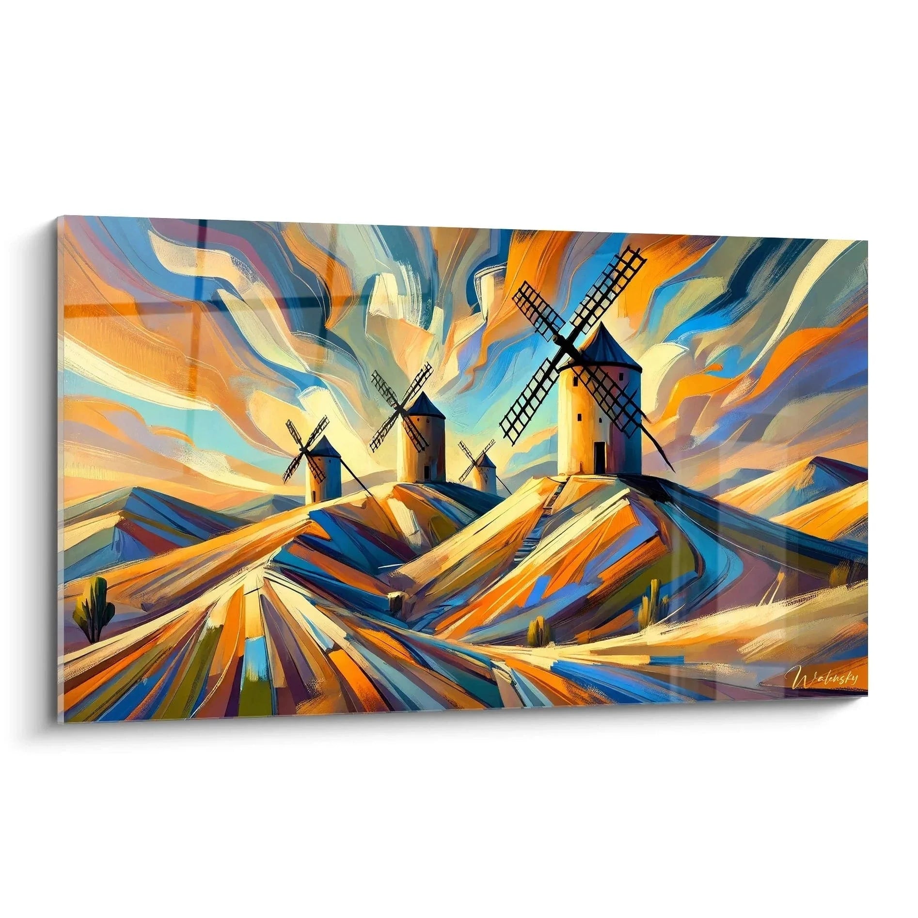 Wandbild Windmühlen Spanien abstrakt - Moderne Leinwandkunst mit spanischen Windmühlen in bunter Landschaft