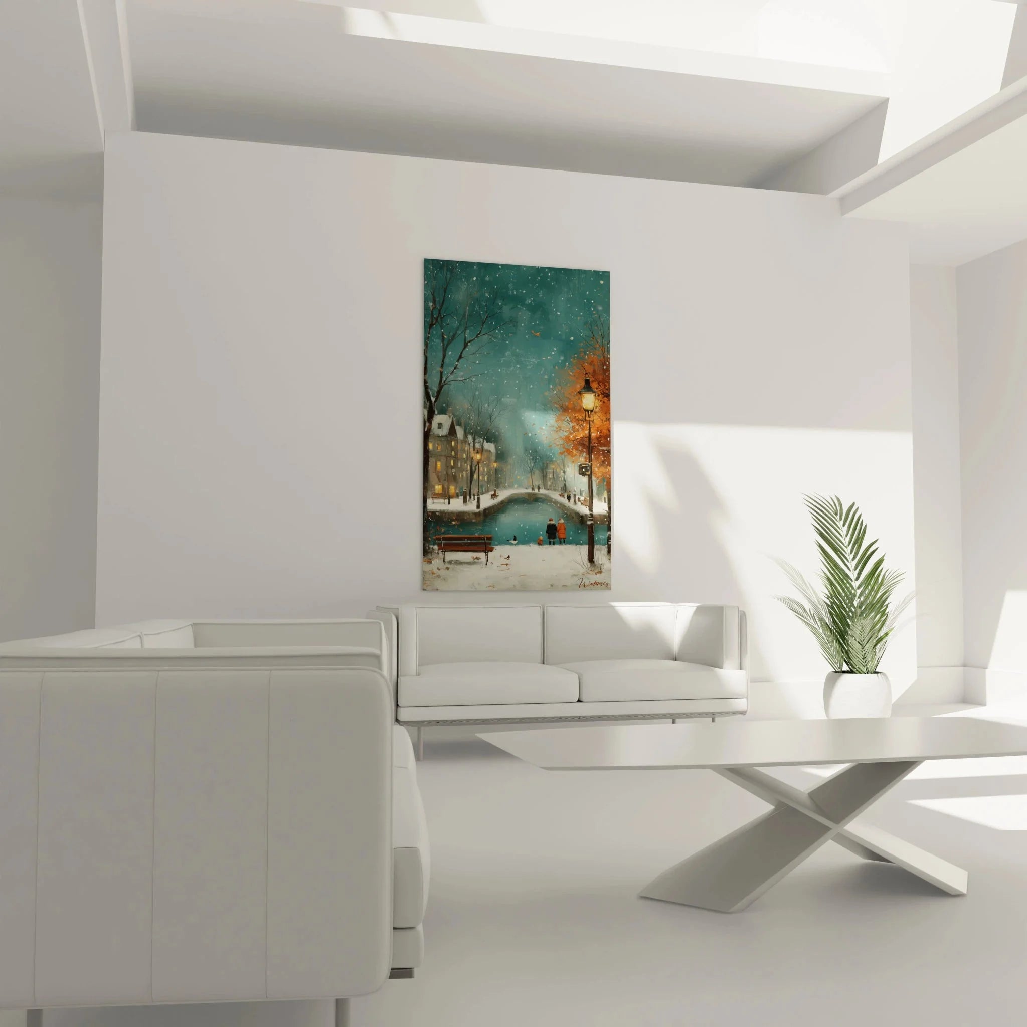 Nahaufnahme Wandbild Winterlandschaft Details: Schneeflocken, Straßenlaterne, verschneite Brücke