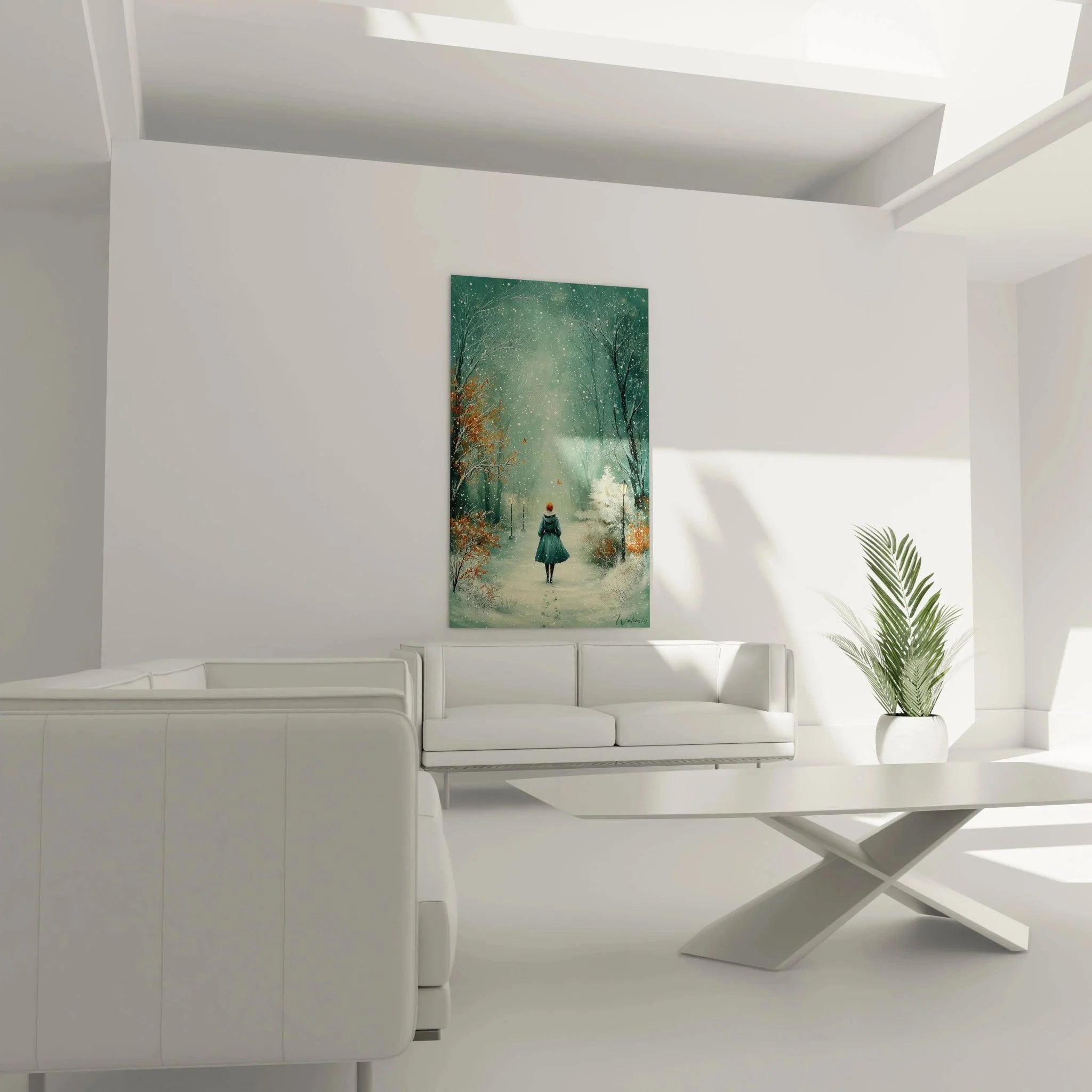 Detailansicht Wandbild Winterspaziergang mit fallenden Schneeflocken und Straßenlaternen