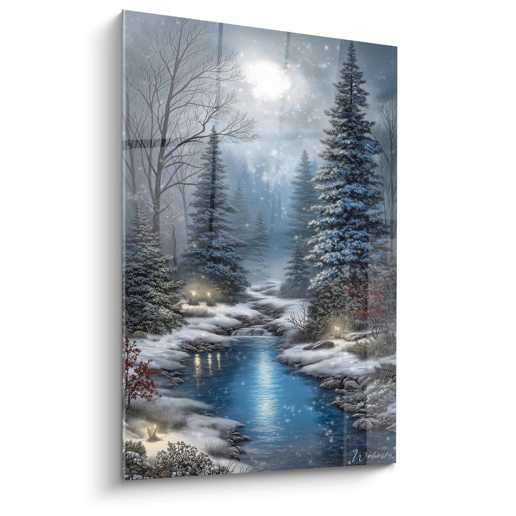 Wandbild Winterbach mit verschneitem Wald und kristallklarem Bach, romantische Schneelandschaft Edition Winter