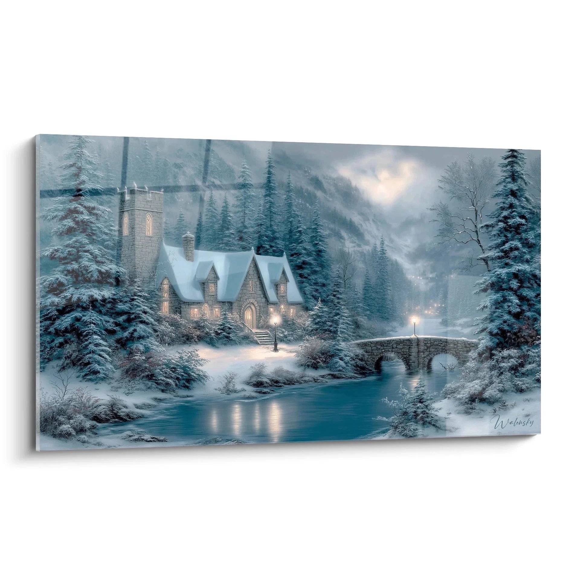 Wandbild Winterkirche mit verschneiter gotischer Kapelle im romantischen Märchenwald mit Steinbrücke