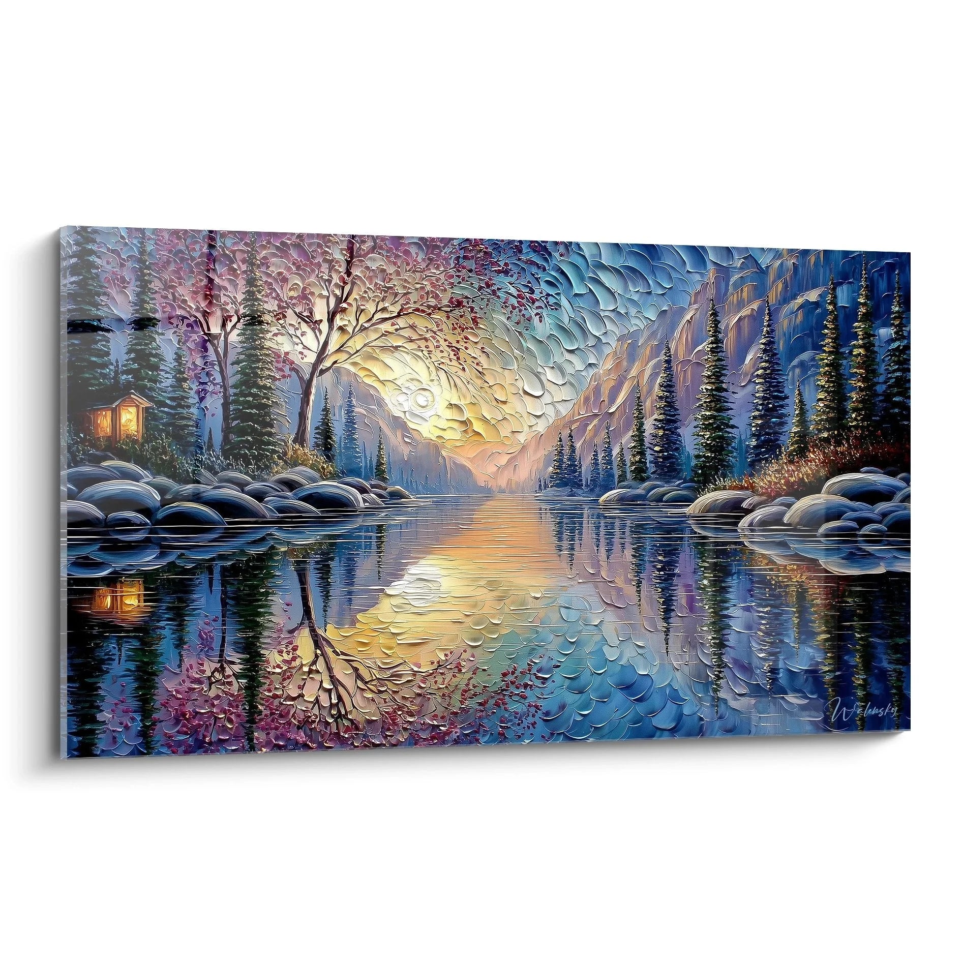 Wandbild Winterlandschaft mit verschneitem See, goldener Sonne und Bergpanorama - Premium Wanddekoration