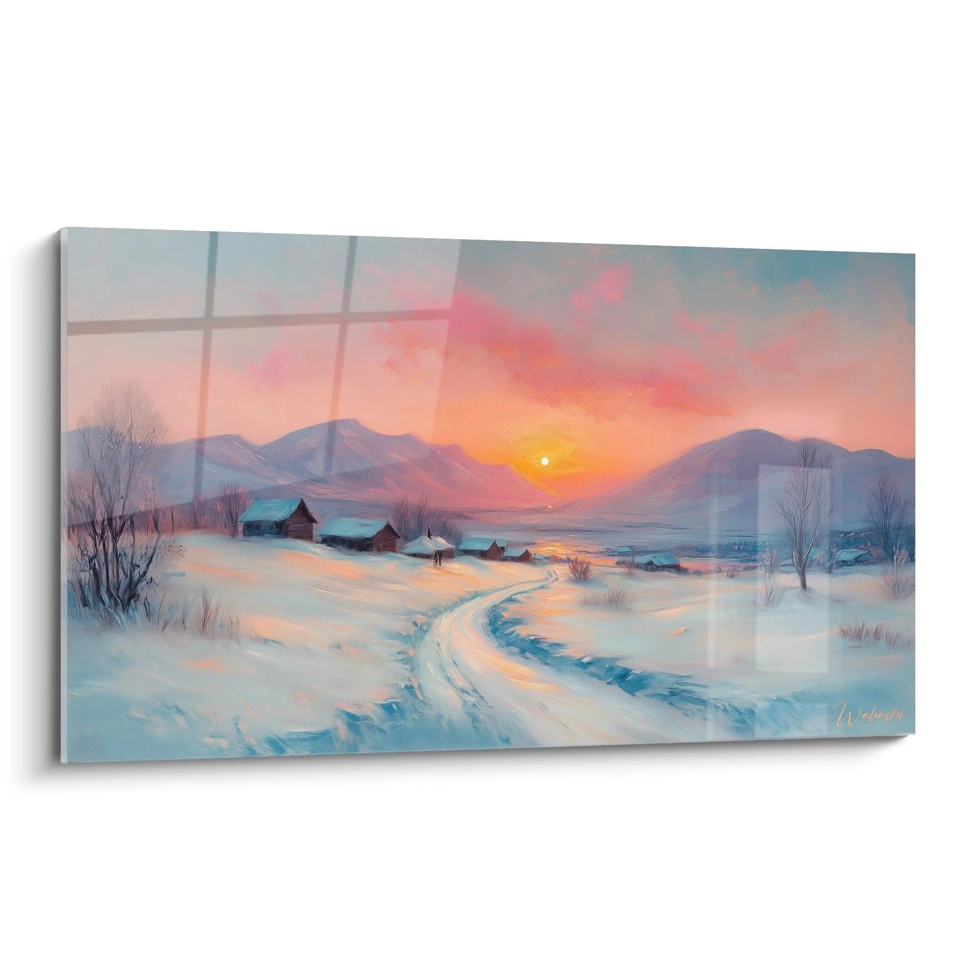 Wandbild Winterlandschaft mit Sonnenuntergang, verschneite Berge und Hütten, warme Rosa-Orange Farben