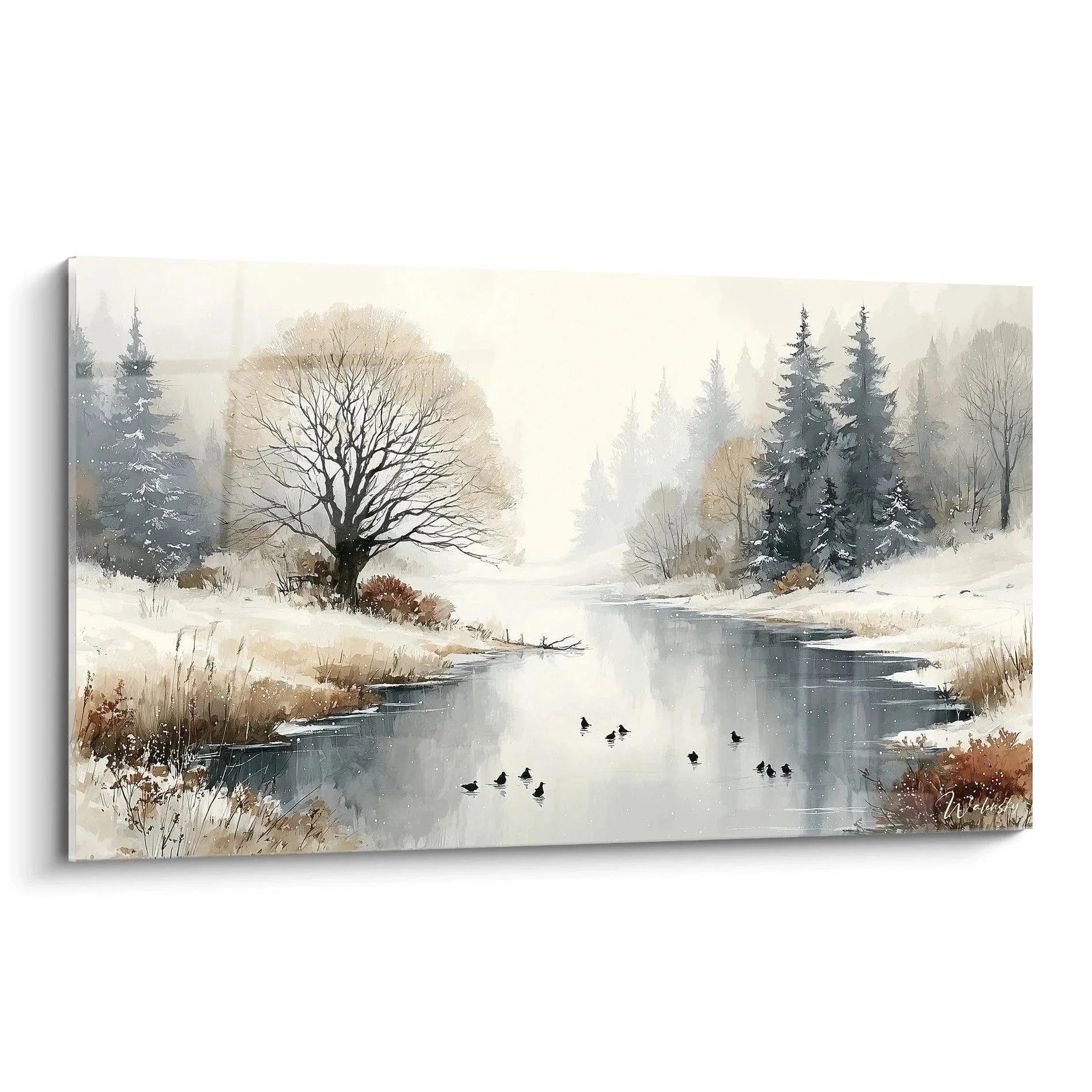 Wandbild Winterlandschaft mit stillem Fluss und Enten im Schnee - Premium Leinwandbild Winter Edition
