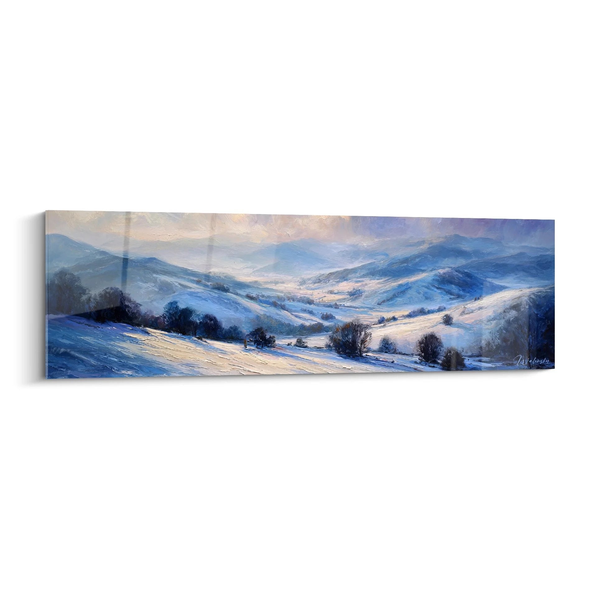 Wandbild verschneite Winterlandschaft mit Bergen und Tälern in Blau-Weiß-Tönen