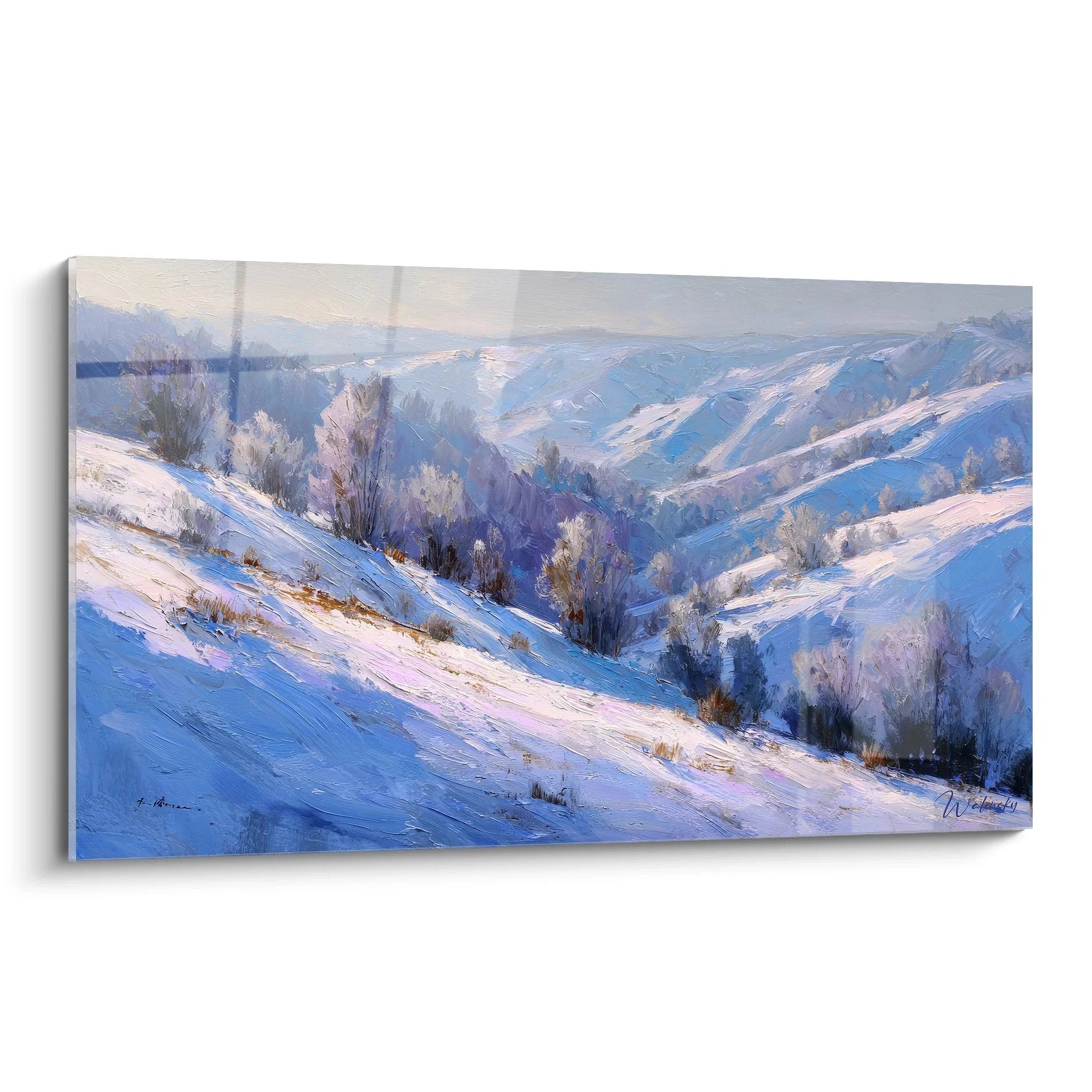 Wandbild Winterlandschaft mit verschneiten Hügeln im sanften Abendlicht - Premium Winterkunst für Wohnraum