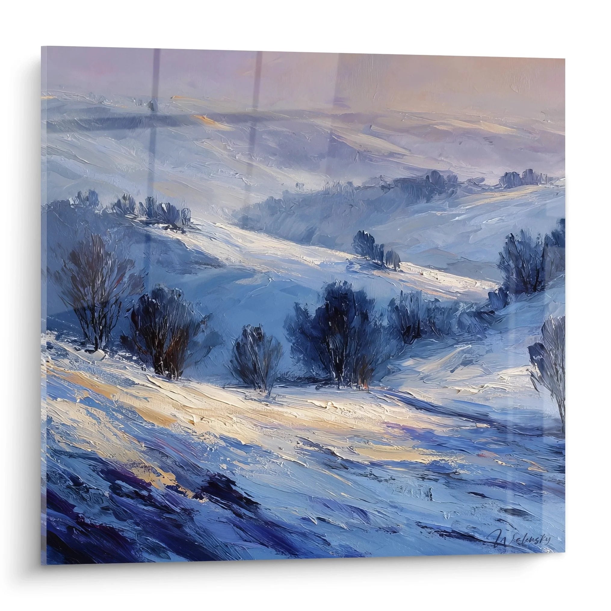 Wandbild Winterlandschaft mit verschneiten Hügeln und Bäumen im Abendlicht, Edition Winter Kollektion