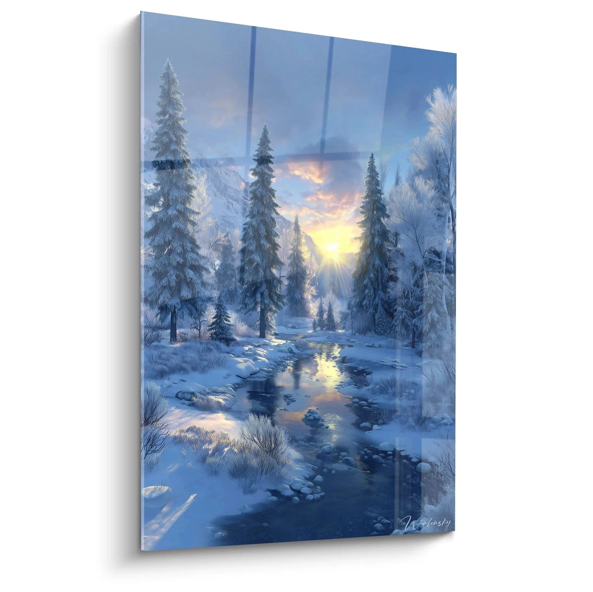 Wandbild Winterlandschaft mit verschneiten Tannen und Sonnenstrahlen durch Bach