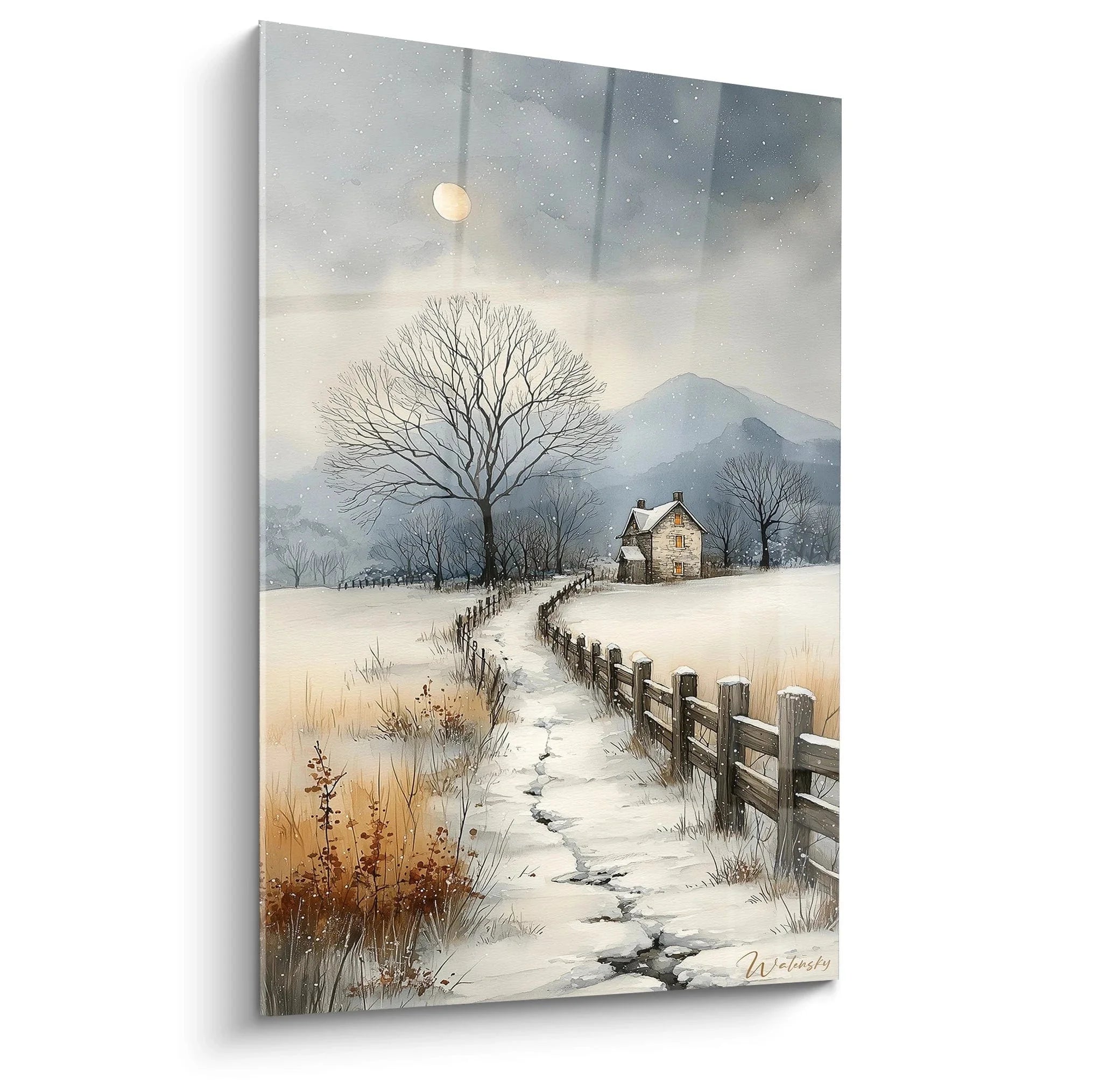 Wandbild Winterlandschaft verschneiter Pfad Bauernhaus Vollmond Schnee Winterszene XXL Kunstdruck