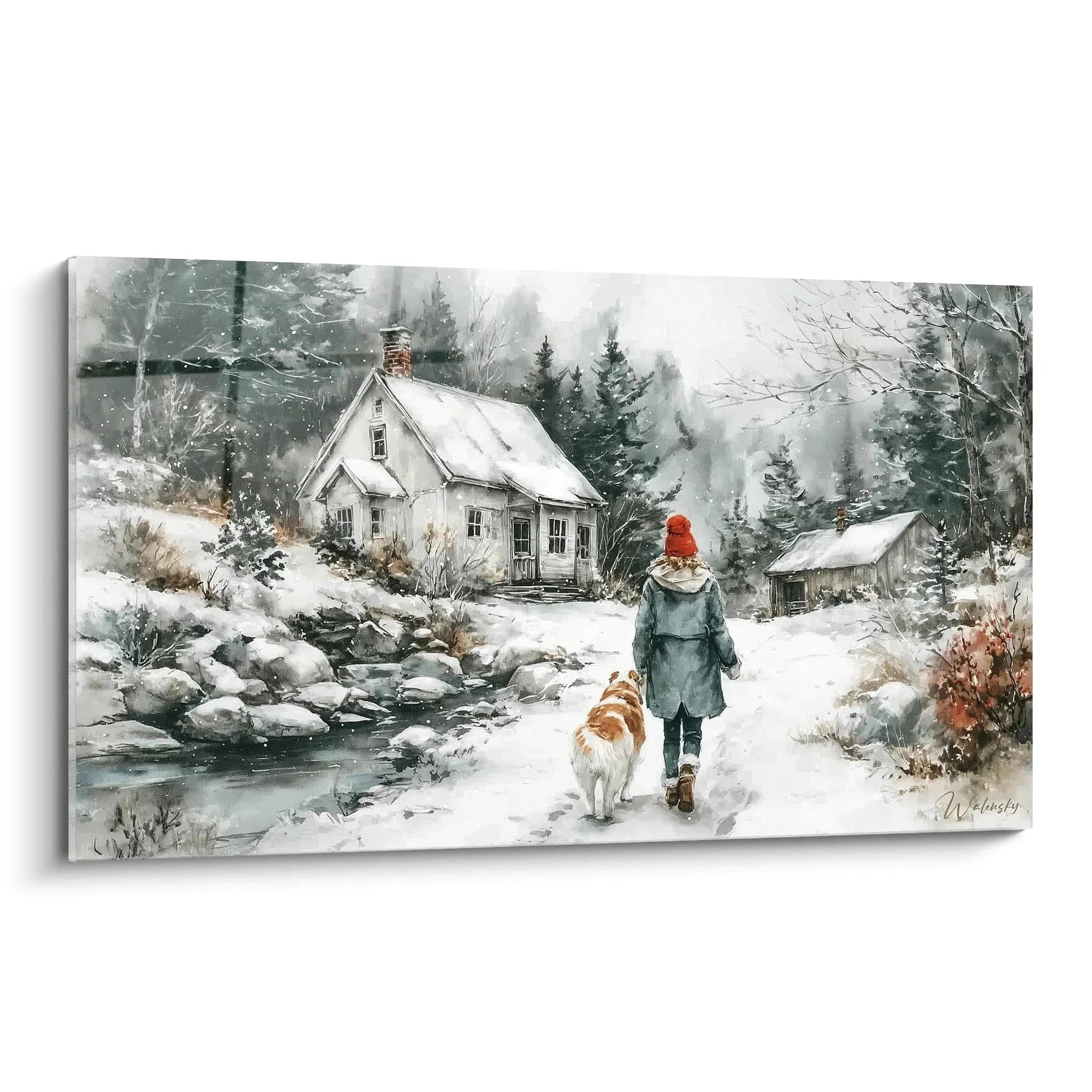 Wandbild Winterspaziergang mit Person und Hund vor schneebedecktem Haus und Bach im Aquarellstil