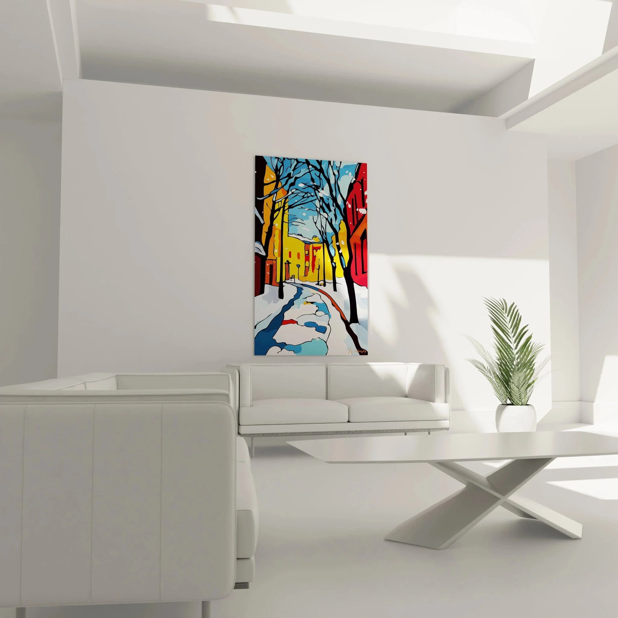 Nahaufnahme Wandbild Winterstraße Details verschneite Häuser impressionistische Winterszene Alfred Sisley