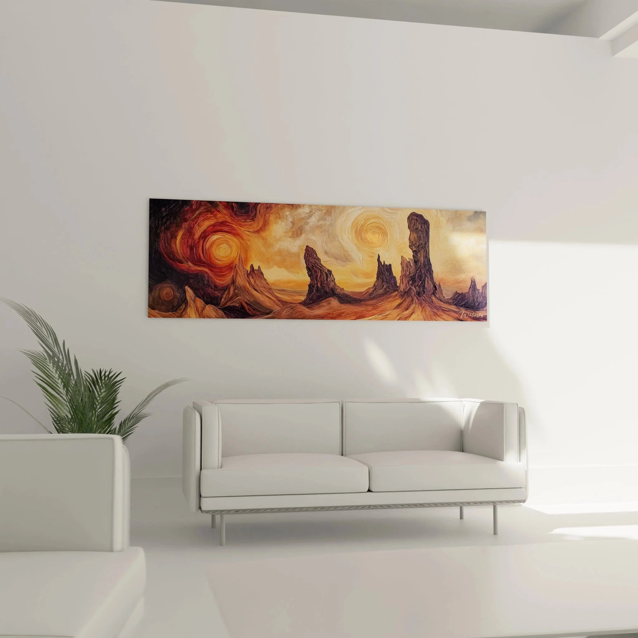 Detailaufnahme Wandbild wirbelnde Himmel mit spektakulären Spiralformen in Orange- und Rottönen