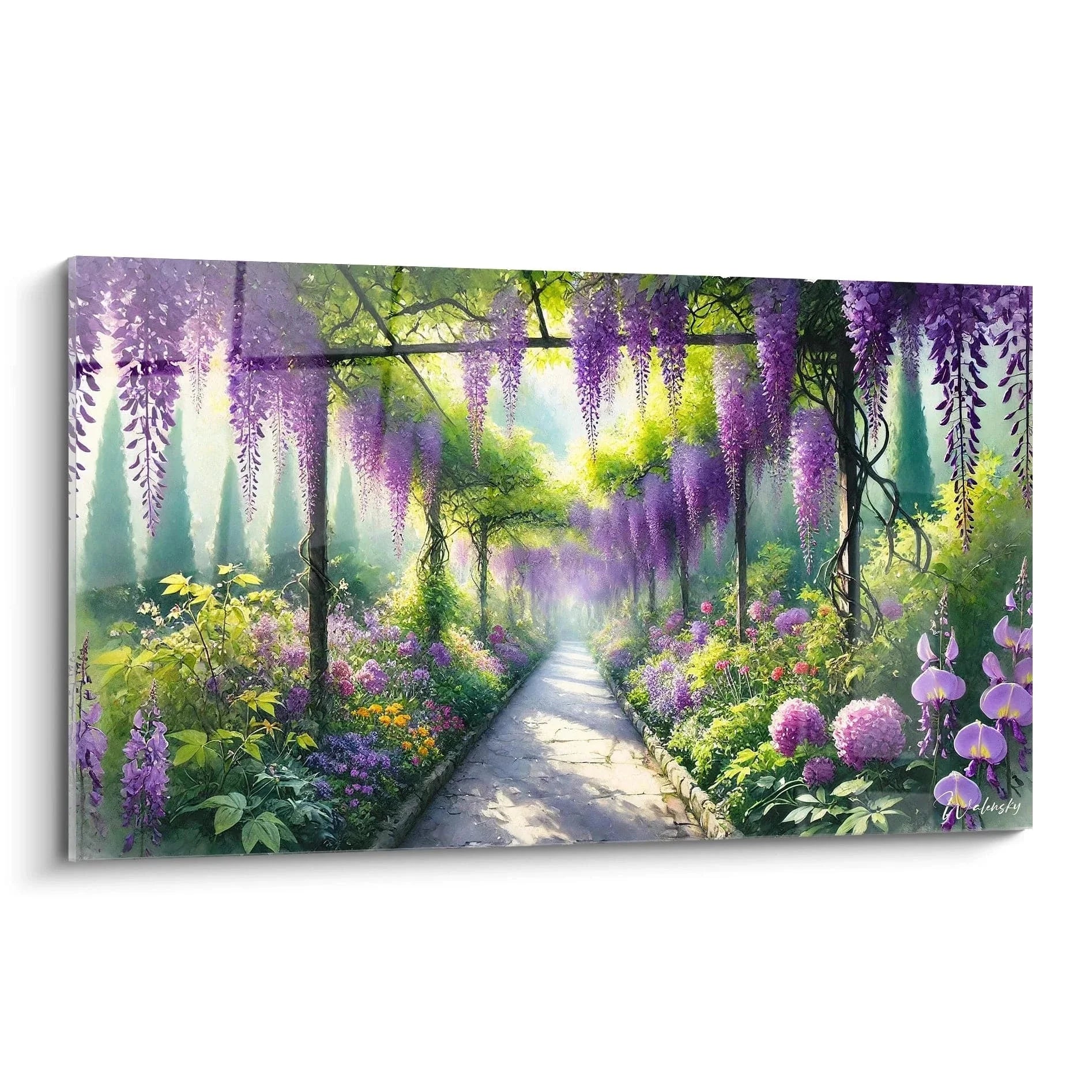 Wandbild Wisteria Garten mit lilafarbenen Glyzinien und Frühlingsblumen entlang romantischem Gartenweg