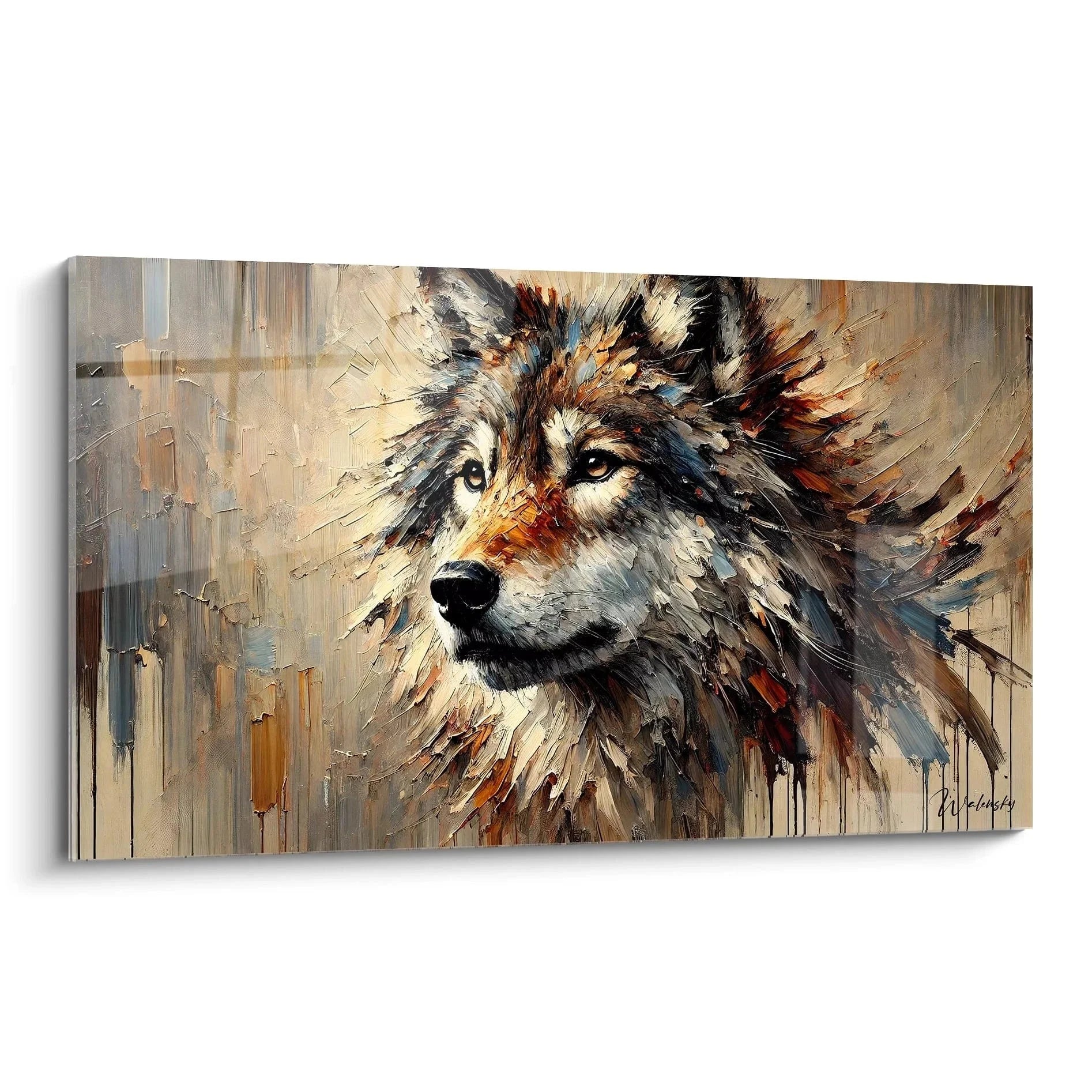 Wandbild Wolf expressiv mit dynamischen Pinselstrichen in warmen Erdtönen - Edition Wolf XXL Leinwand