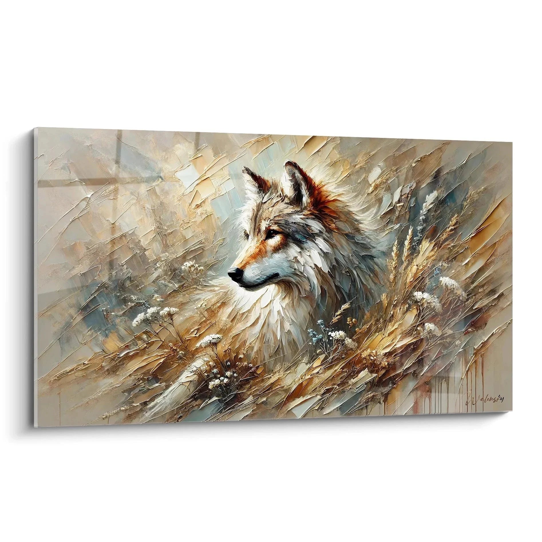 Wandbild Wolf im goldenen Grasland - Majestätischer Grauwolf Kunstdruck für Wohnzimmer Dekoration