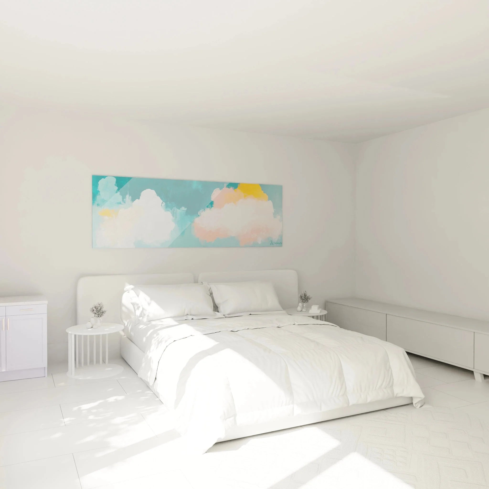 Schlafzimmer Wanddekoration mit Wolken Wandbild in beruhigenden Pastelltönen
