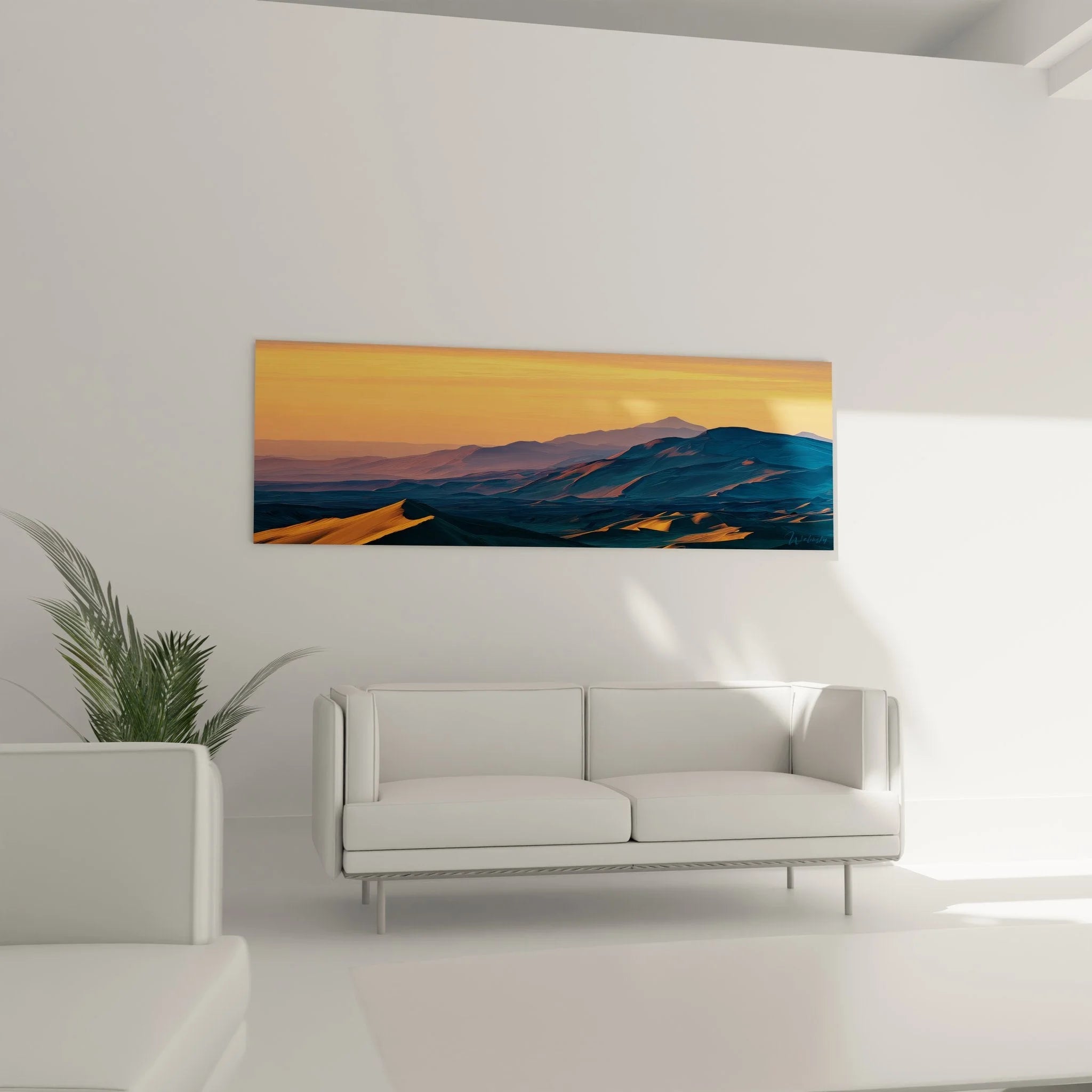 Detailansicht Wandbild Wüste zeigt warme Farbnuancen und Strukturen der Sanddünen im Sonnenuntergang