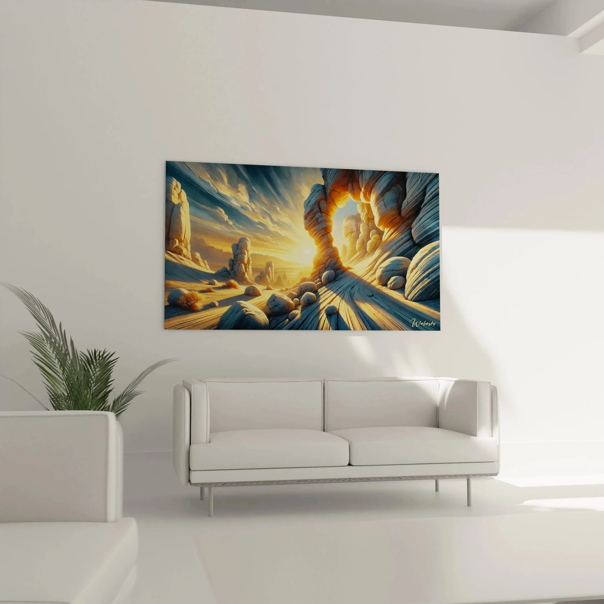 Detailansicht Wandbild Wüste, geschichtete Sandsteinformationen mit goldenen Lichtreflexen