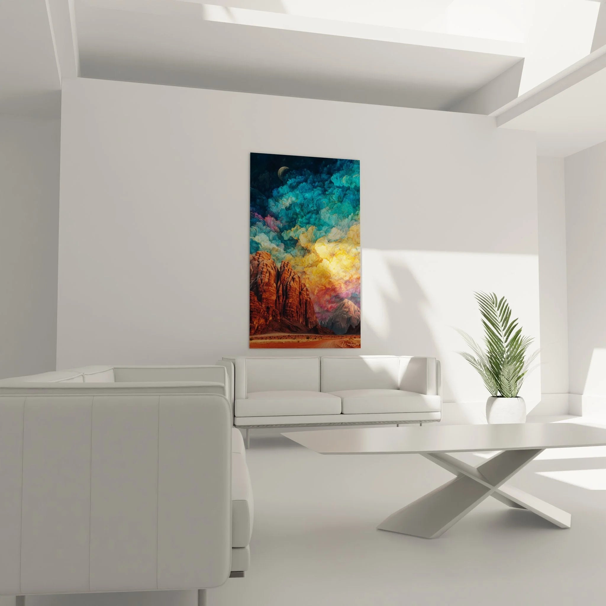 Detailansicht Wandbild Wüste - rote Sandsteinfelsen und farbenfrohe Wolkenformation Nahaufnahme Leinwandbild