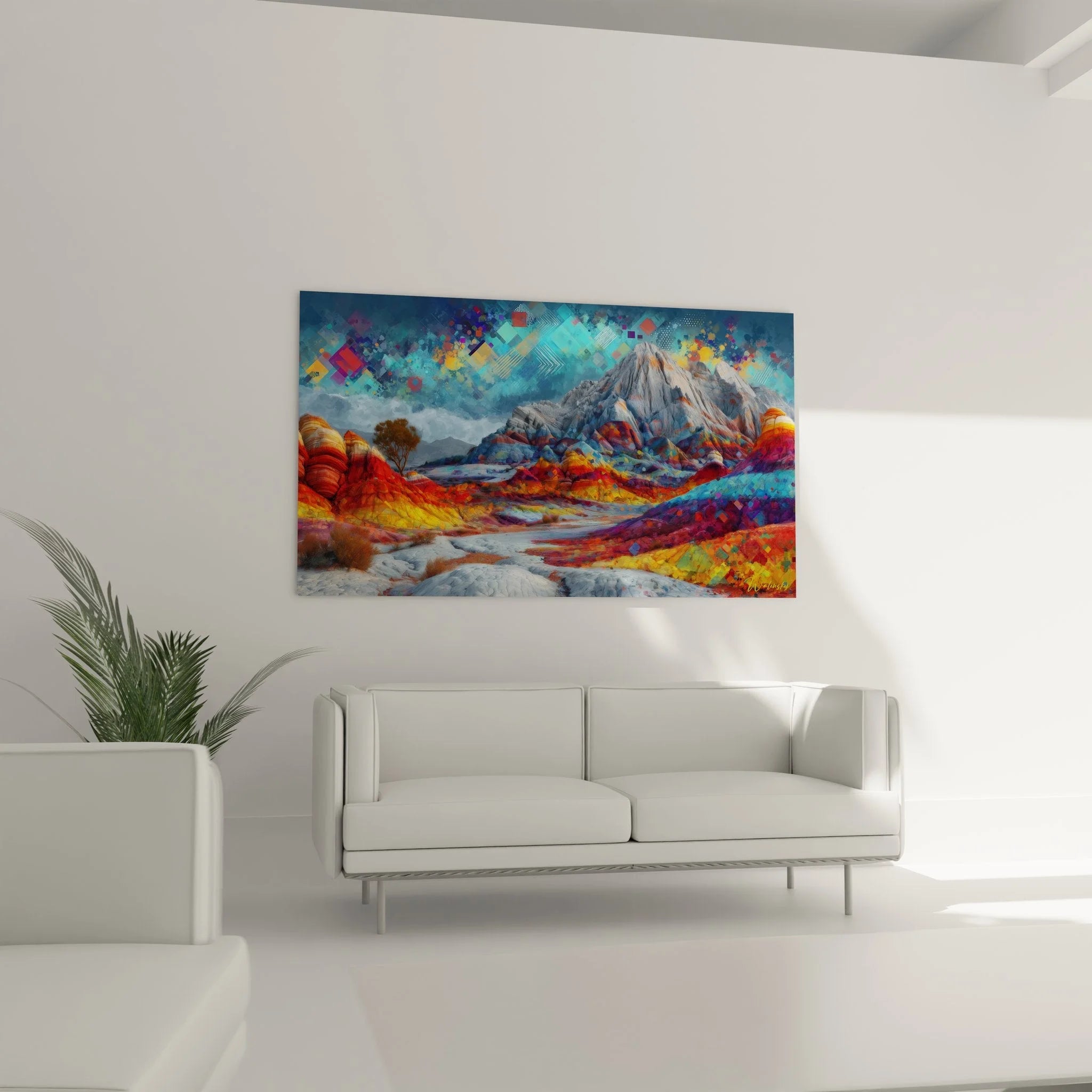 Detailansicht Wandbild digitale Wüstenkunst mit geometrischen Elementen und Farbverläufen