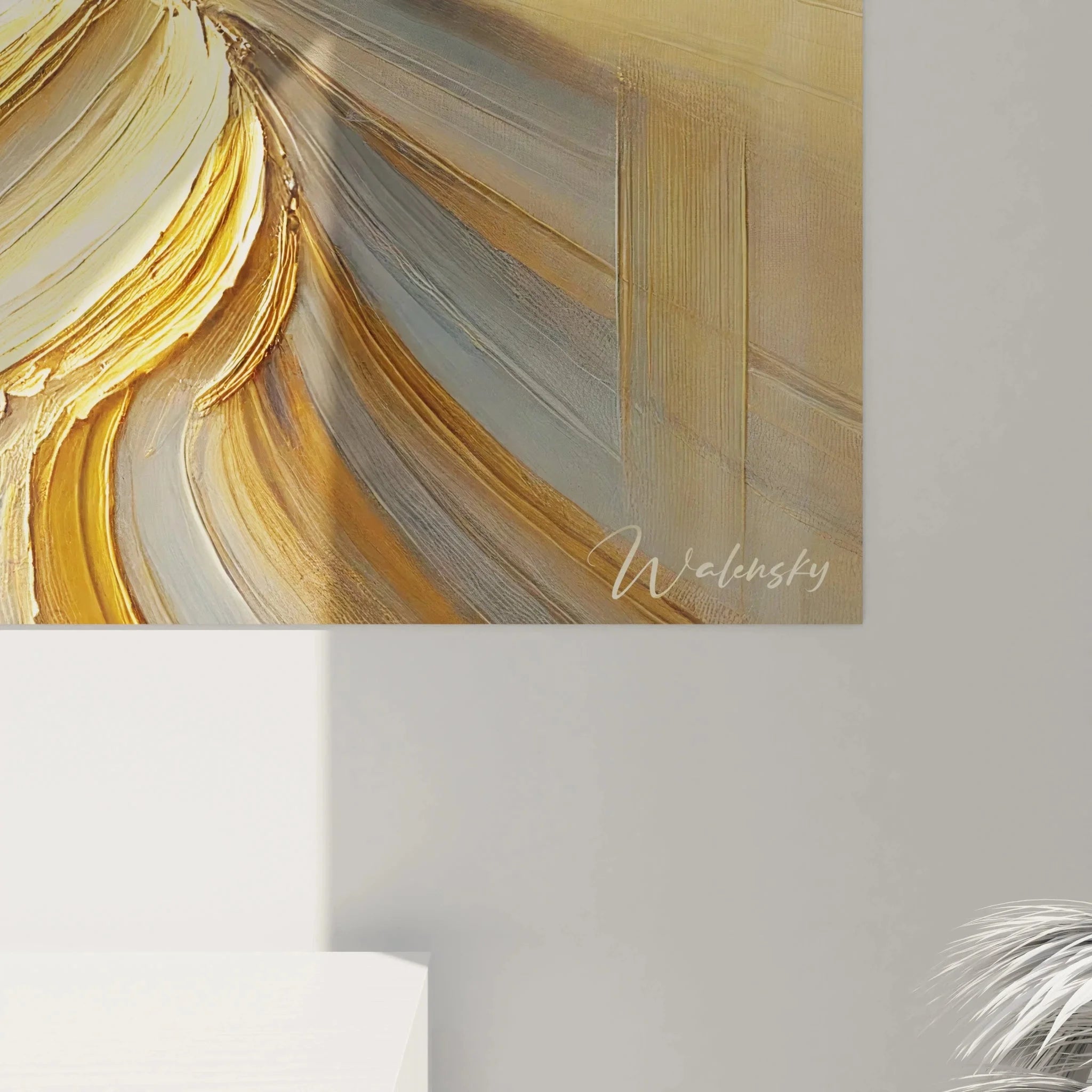 Gesamtansicht Wandbild Wüste mit Kamel, fließende Dünenlandschaft in Gold- und Beigetönen