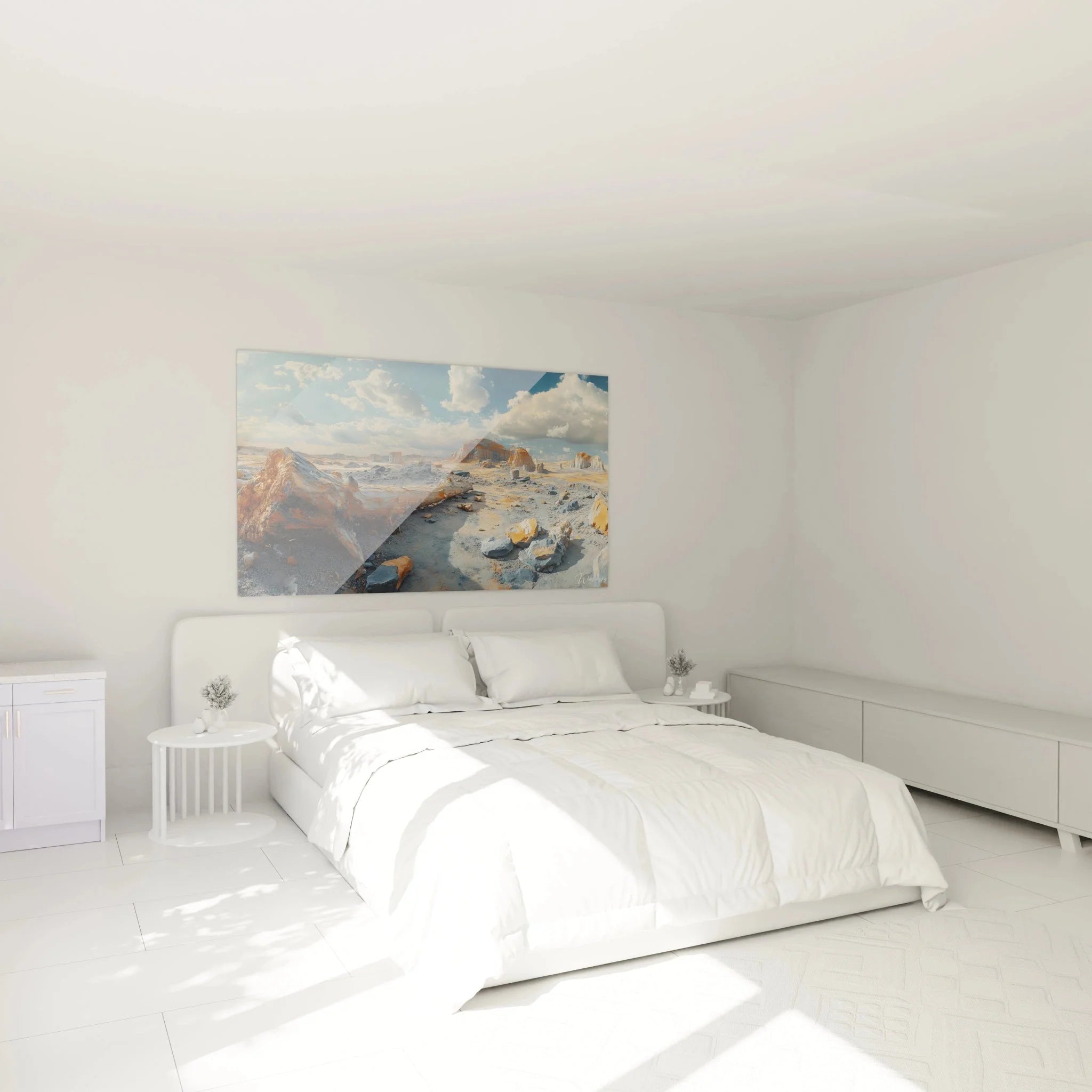 Wandbild Wüstenlandschaft Schlafzimmer Dekoration mit versteinertem Baum Motiv in warmen Erdtönen