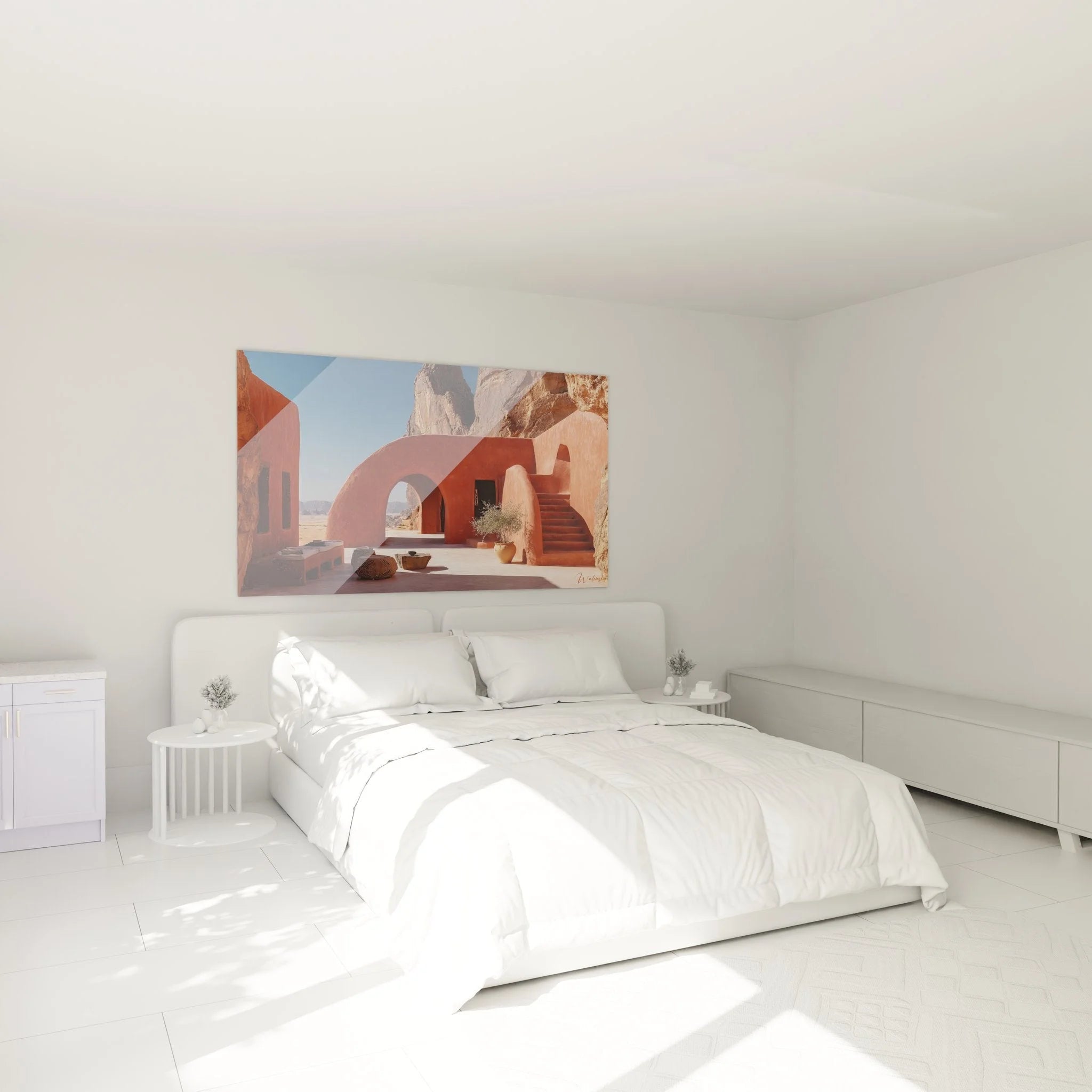 Modernes Schlafzimmer mit Wandbild Wüstenarchitektur Terra Cotta als stilvoller Wandschmuck über dem Bett